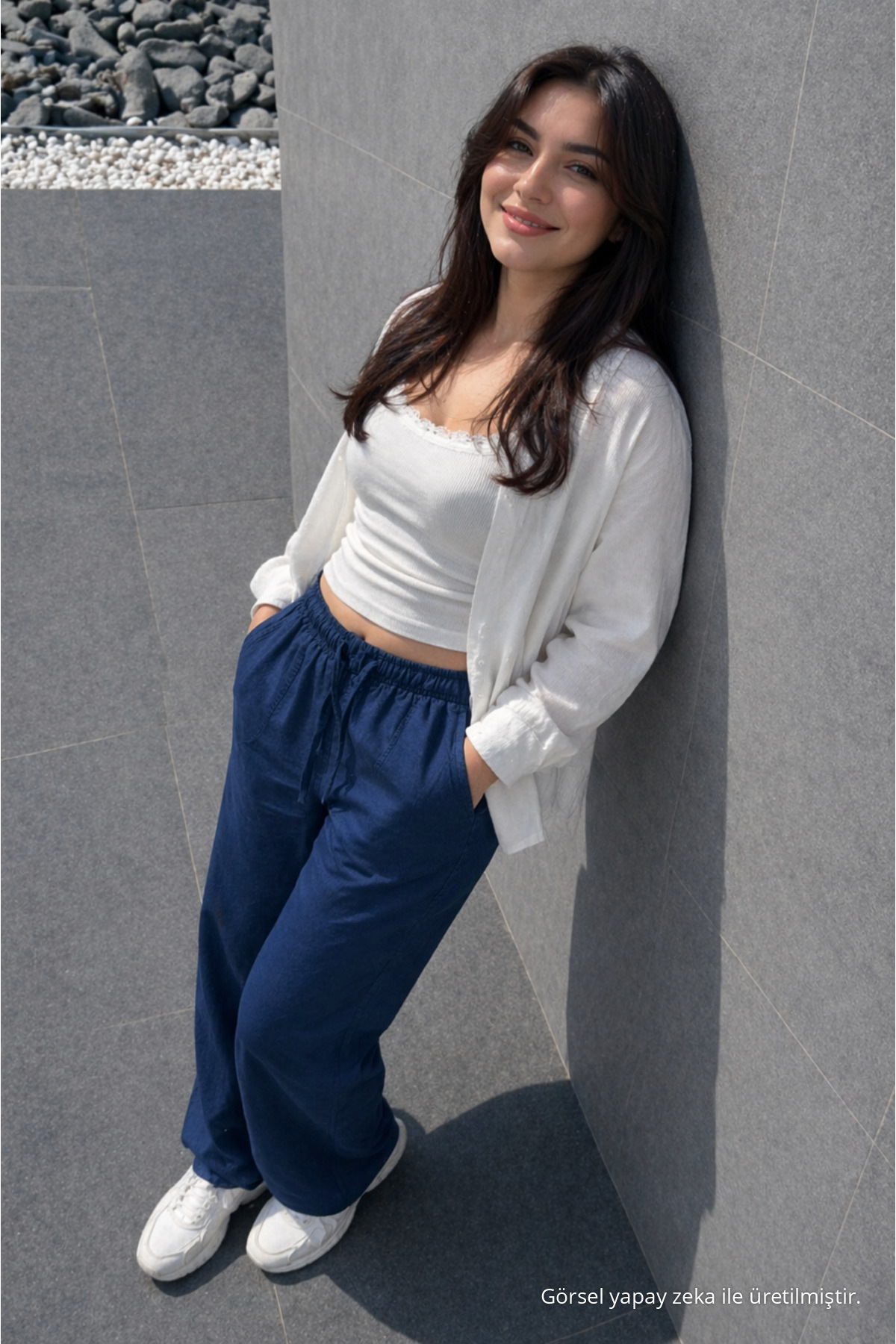 Kadın Premium Jogger Relax Fit Yazlık Lacivert Keten Pantolon 3