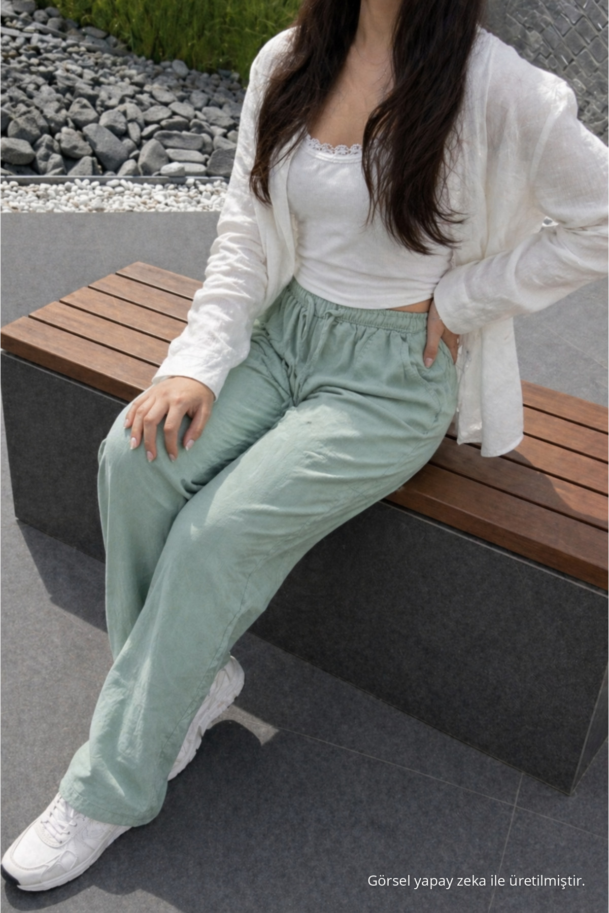 Kadın Premium Jogger Relax Fit Yazlık S.Yeşil Keten Pantolon Su 4