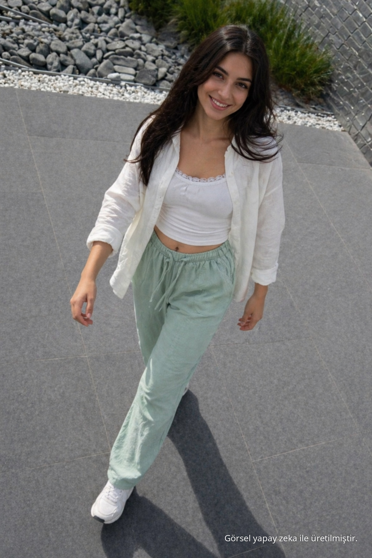 Kadın Premium Jogger Relax Fit Yazlık S.Yeşil Keten Pantolon Su 3