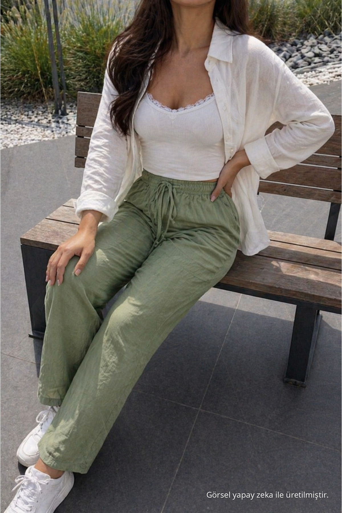 Kadın Premium Jogger Relax Fit Yazlık Yeşil Keten Pantolon 5