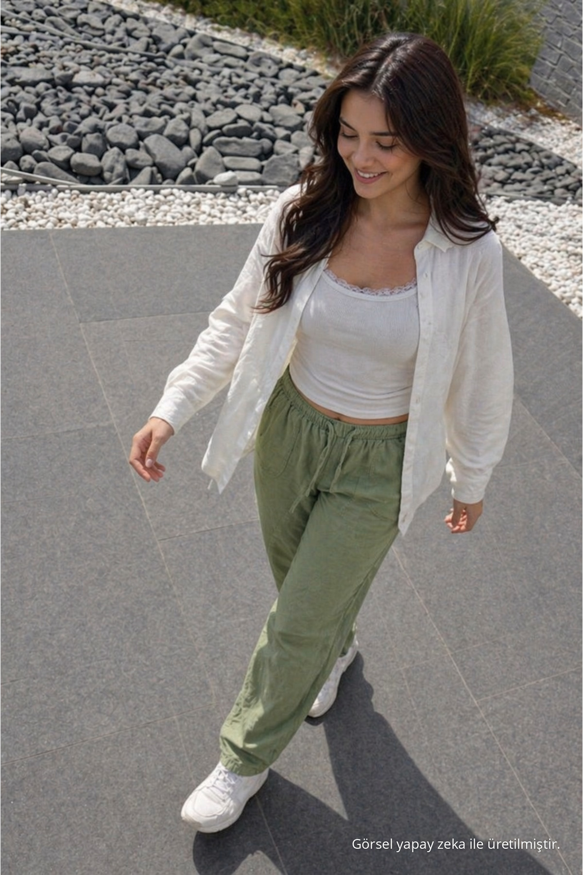 Kadın Premium Jogger Relax Fit Yazlık Yeşil Keten Pantolon 3
