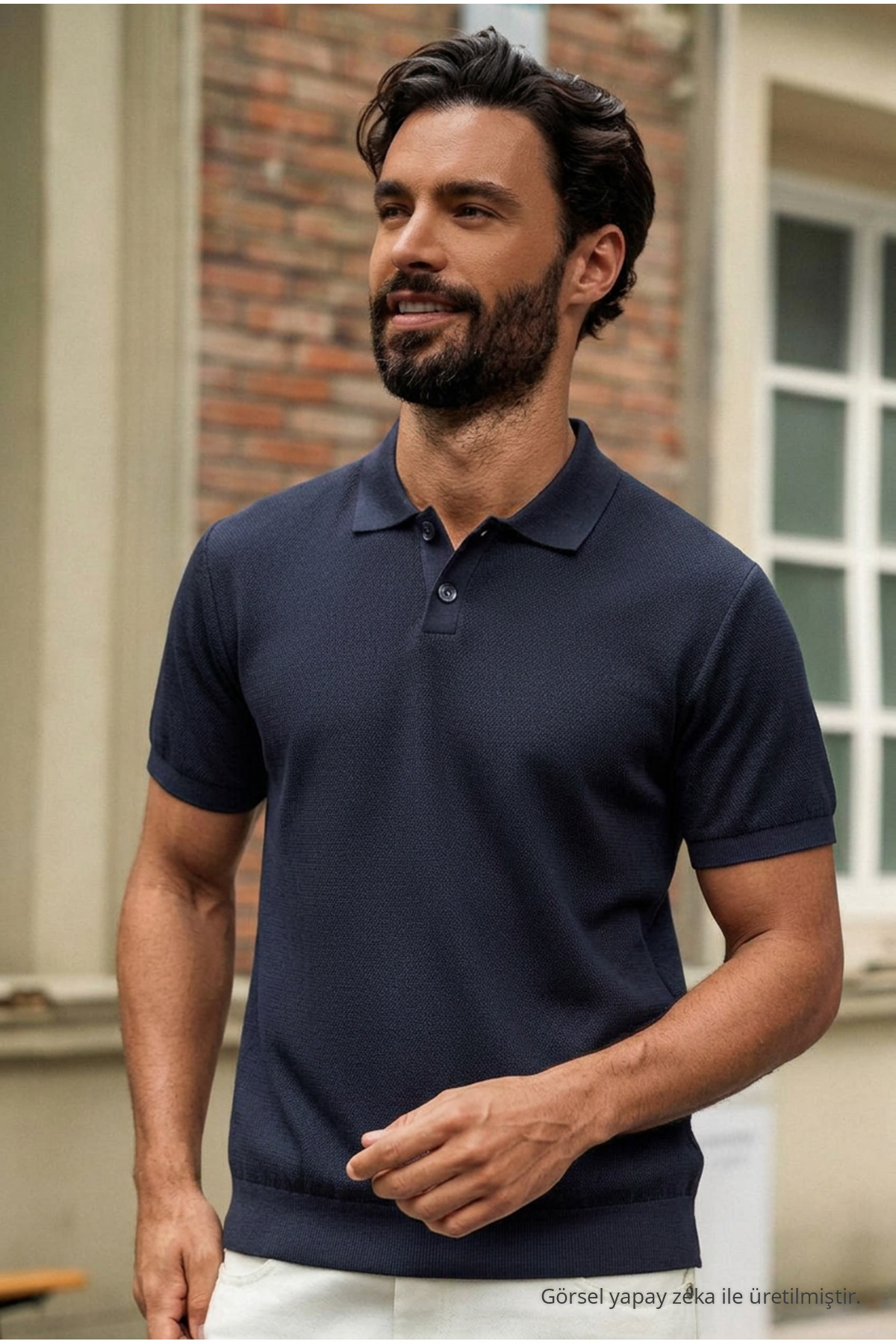 Erkek Polo Yaka Dokulu Lacivert Triko Kısa Kollu Tişört 6