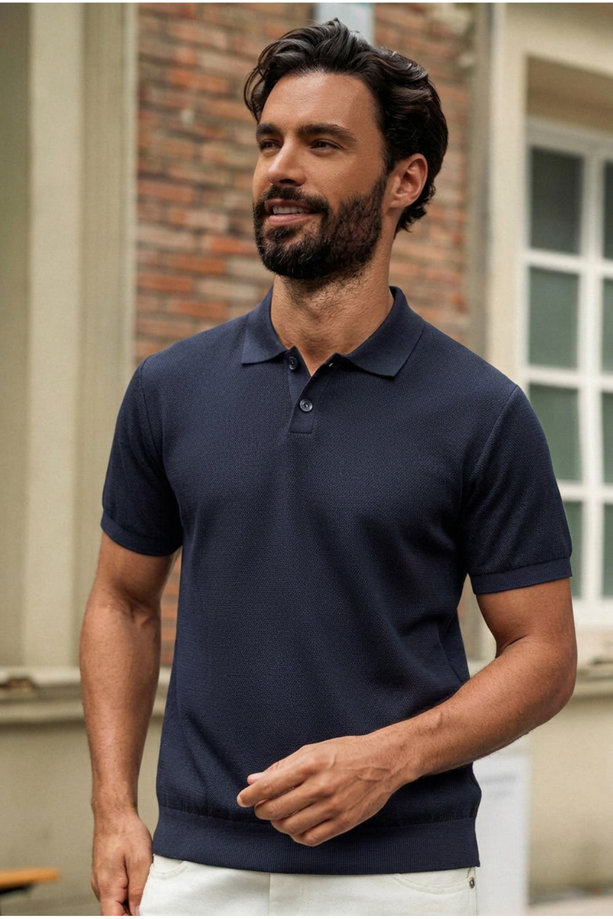 Erkek Polo Yaka Dokulu Lacivert Triko Kısa Kollu Tişört 6