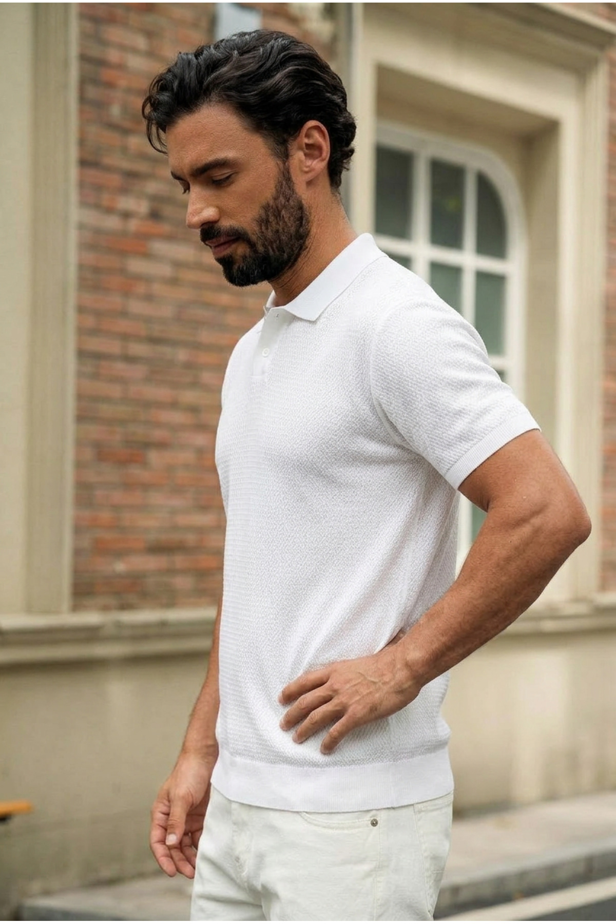 Erkek Polo Yaka Dokulu Beyaz Triko Kısa Kollu Tişört 5