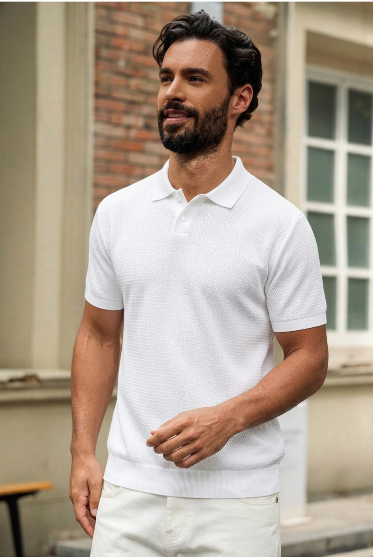 Erkek Polo Yaka Dokulu Beyaz Triko Kısa Kollu Tişört 6