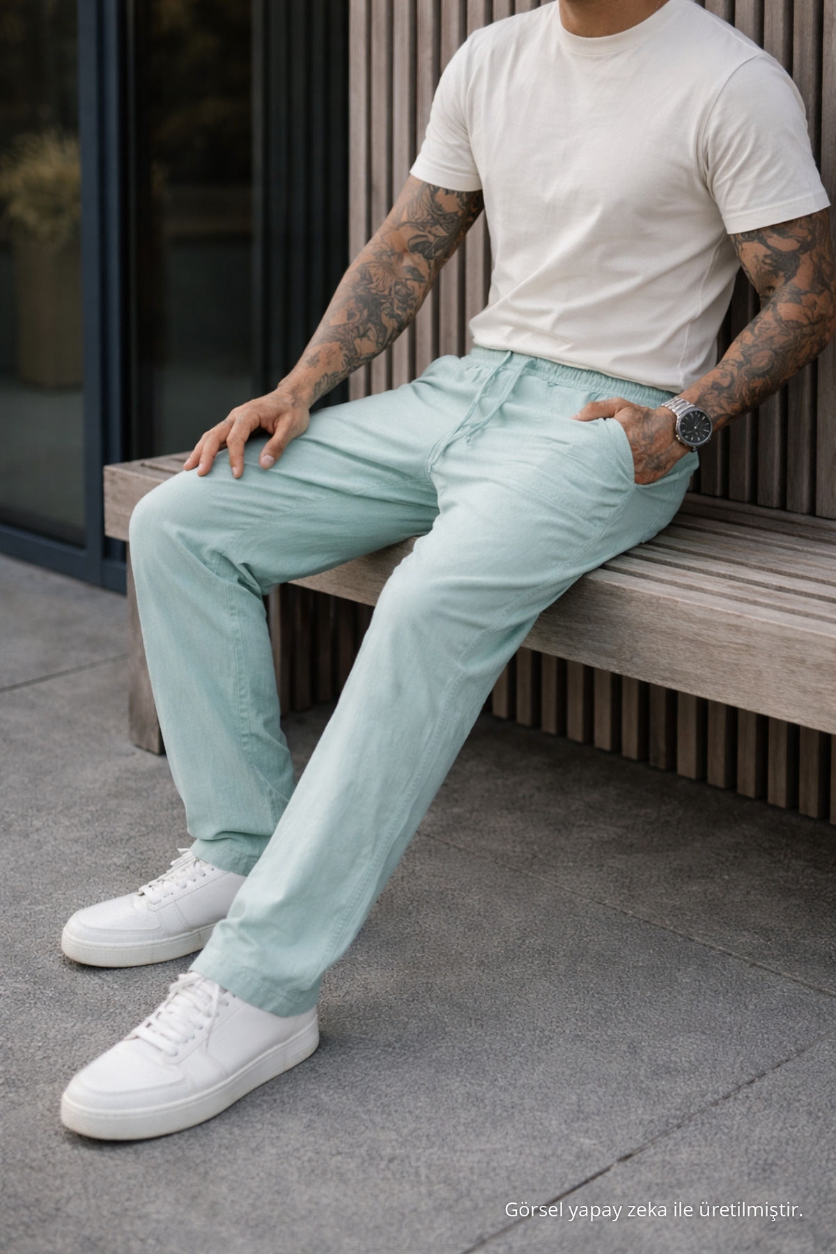 Erkek Premium Jogger Relax Fit S.Yeşil Keten Pantolon Su 5