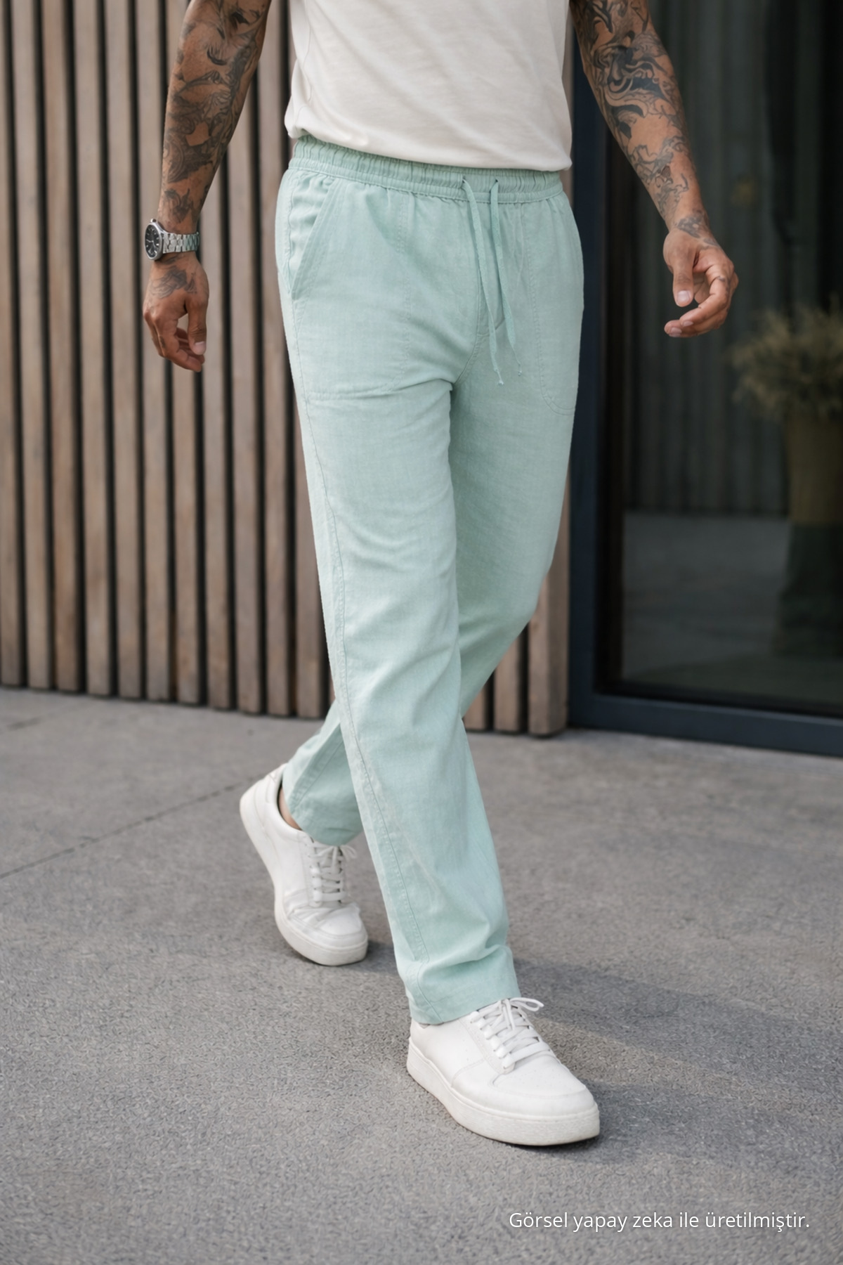 Erkek Premium Jogger Relax Fit S.Yeşil Keten Pantolon Su 3