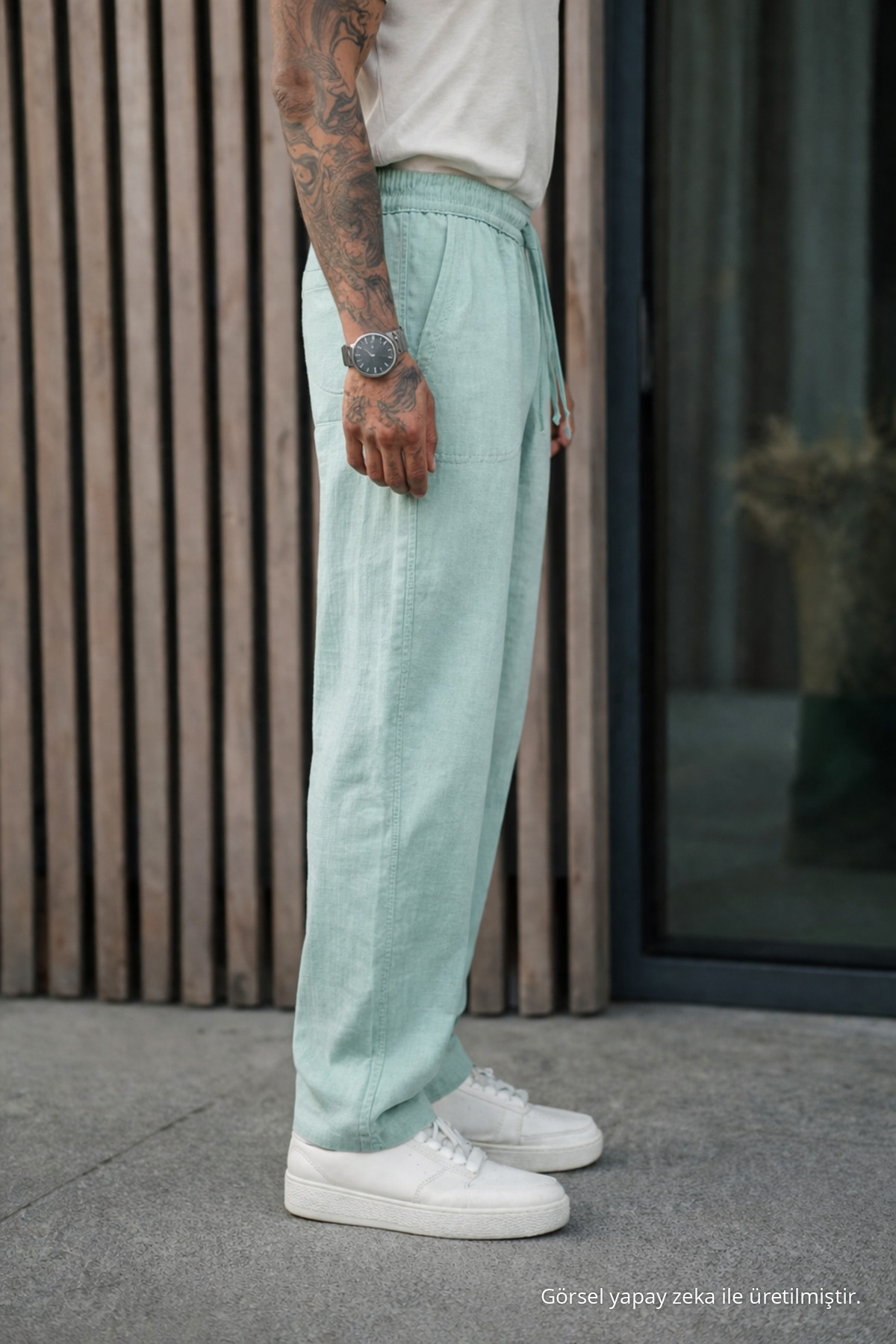 Erkek Premium Jogger Relax Fit S.Yeşil Keten Pantolon Su 4