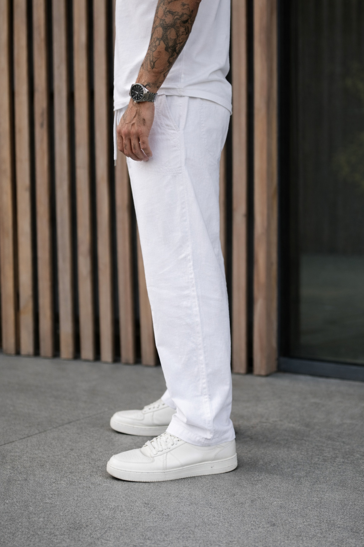 Erkek Premium Jogger Relax Fit Beyaz Keten Pantolon 4