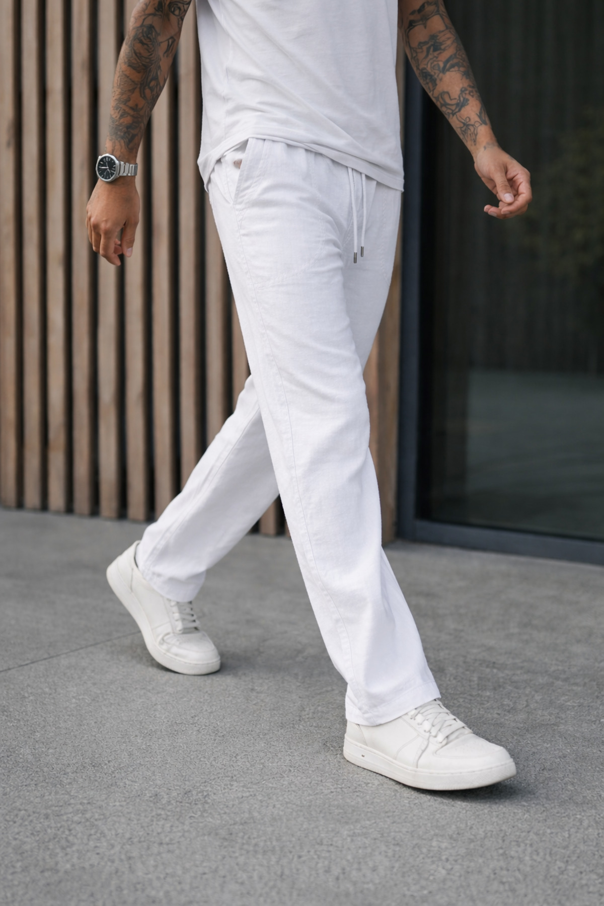 Erkek Premium Jogger Relax Fit Beyaz Keten Pantolon 3