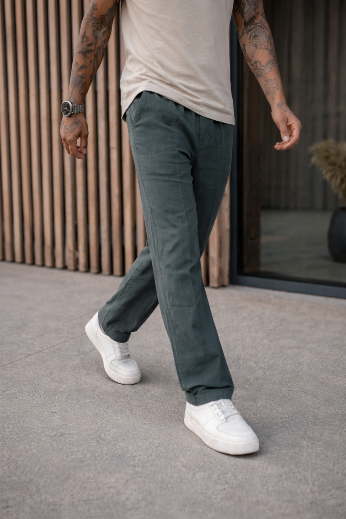 Erkek Premium Jogger Relax Fit Haki Keten Pantolon 3