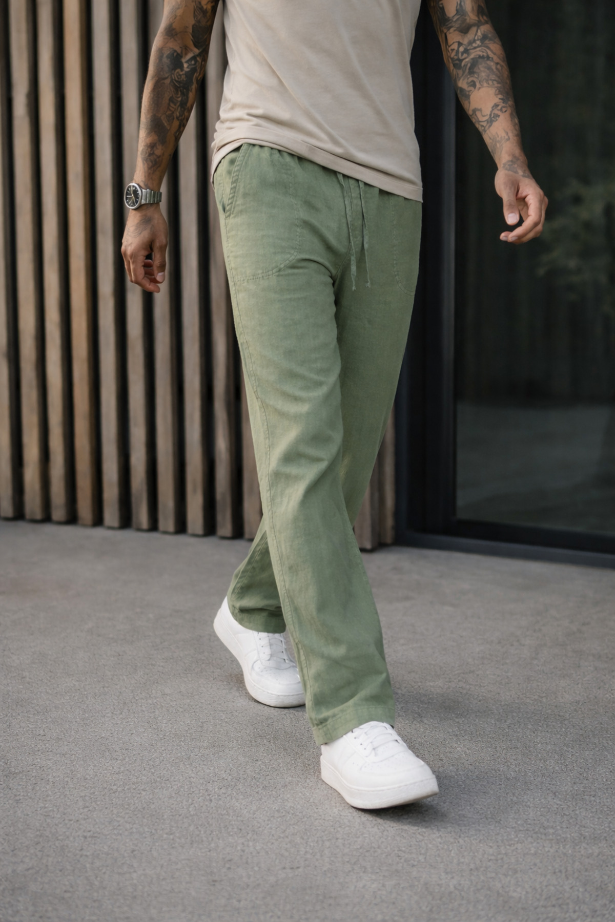Erkek Premium Jogger Relax Fit Yeşil Keten Pantolon 3
