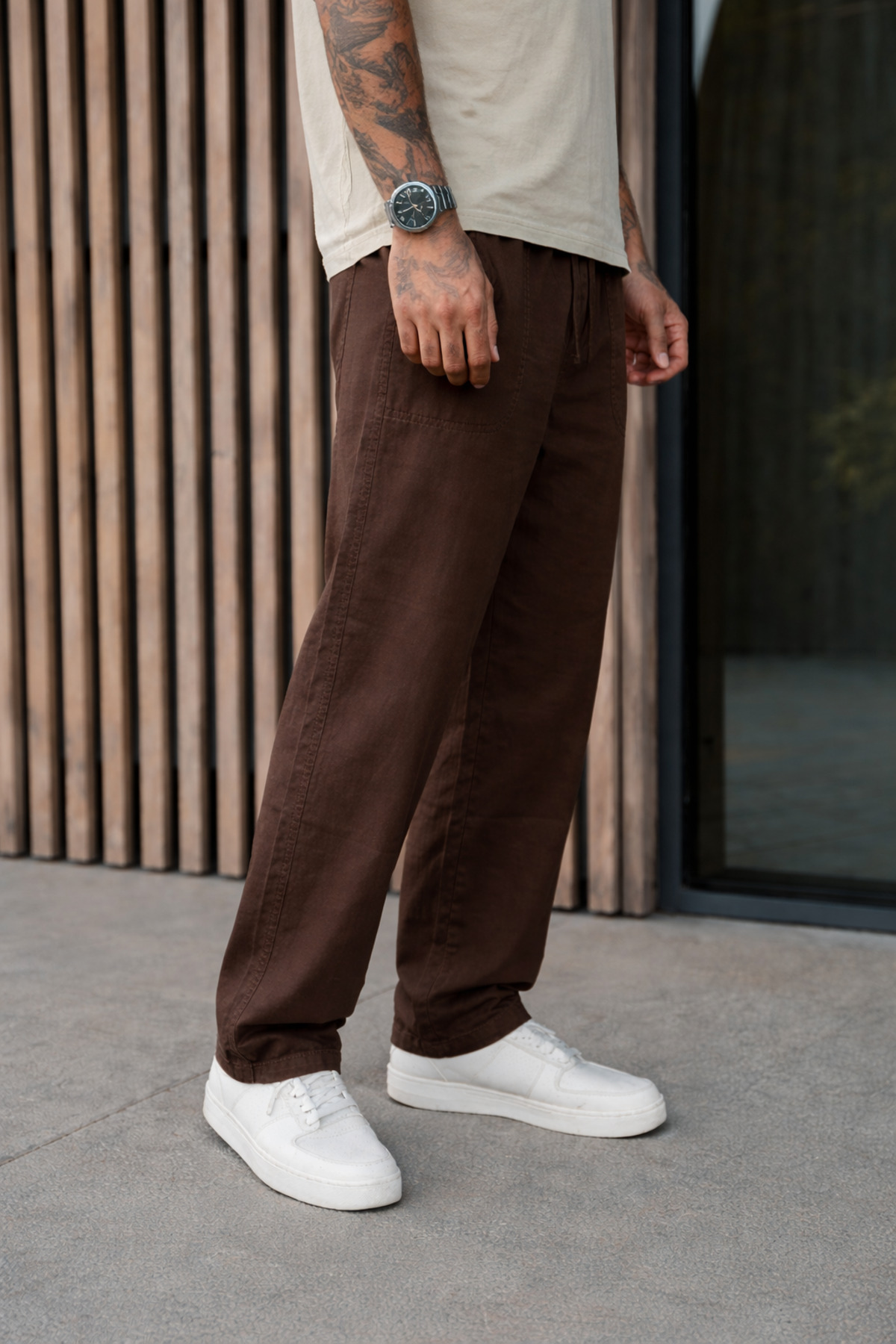 Erkek Premium Jogger Relax Fit Kahverengi Keten Pantolon 4