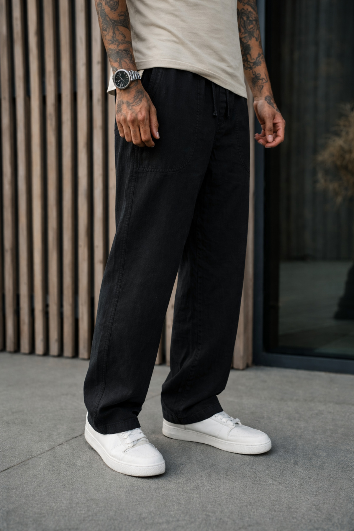 Erkek Premium Jogger Relax Fit Siyah Keten Pantolon 3