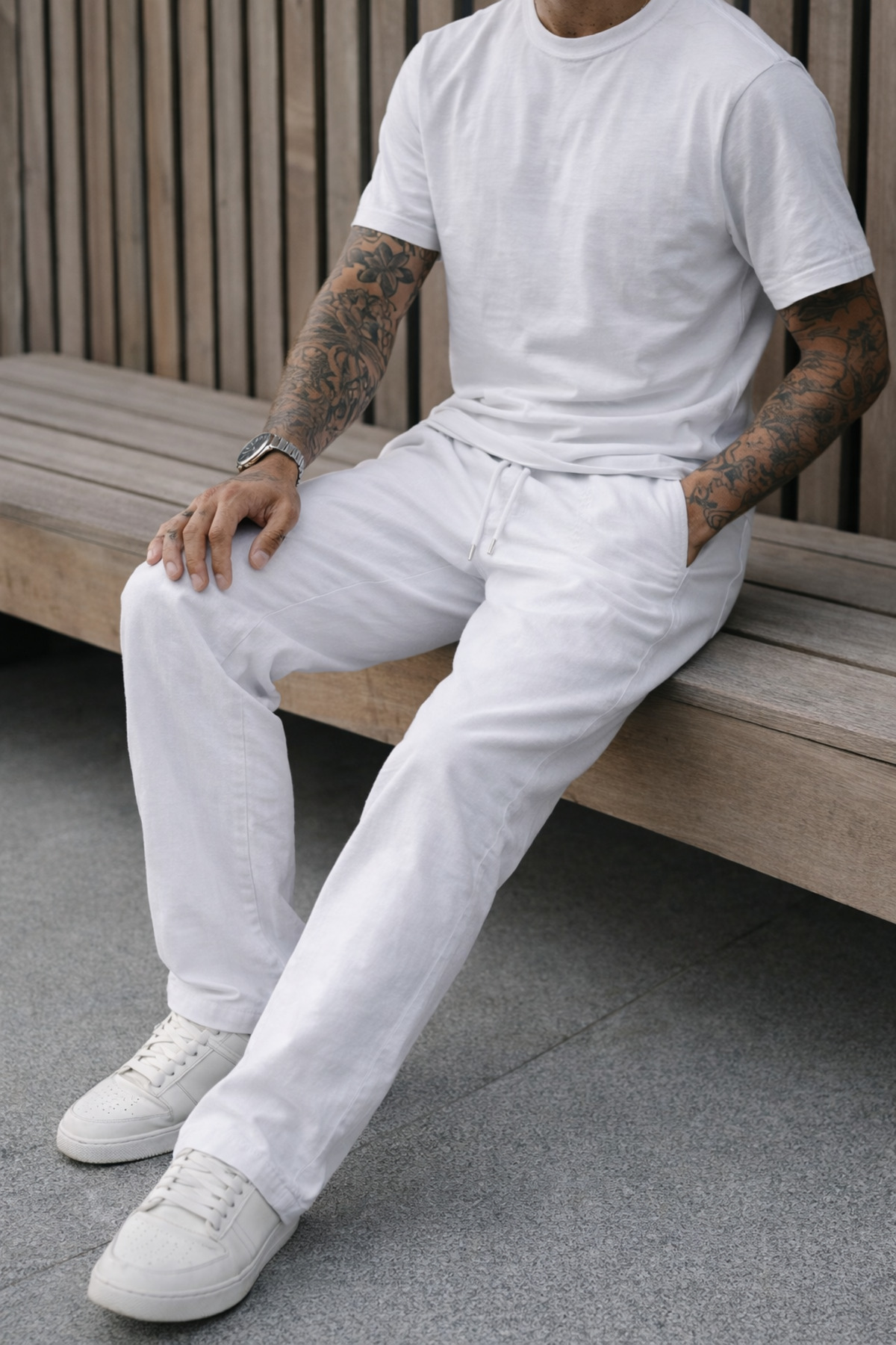 Erkek Premium Jogger Relax Fit Beyaz Keten Pantolon 5