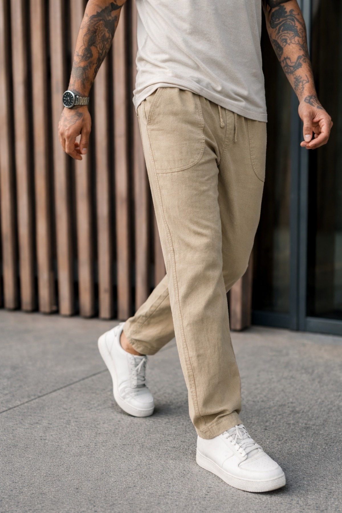 Erkek Premium Jogger Relax Fit Bej Keten Pantolon 4