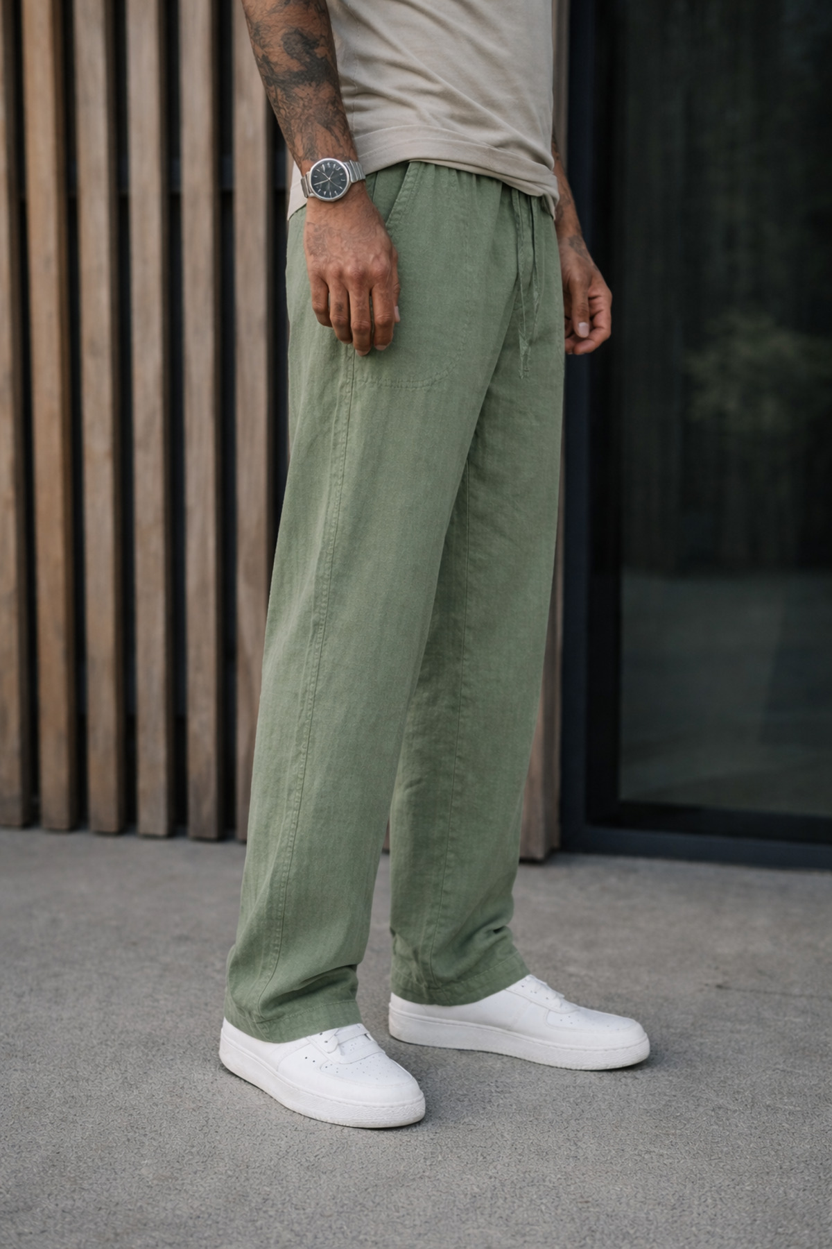Erkek Premium Jogger Relax Fit Yeşil Keten Pantolon 4