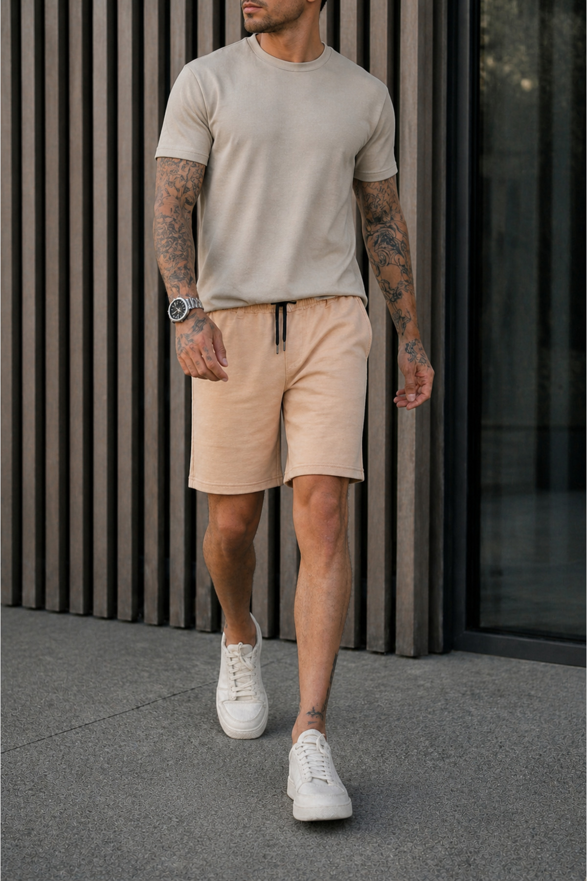 Erkek Regular Fit Cepli Beli Bağcıklı Bej Basic Şort 4