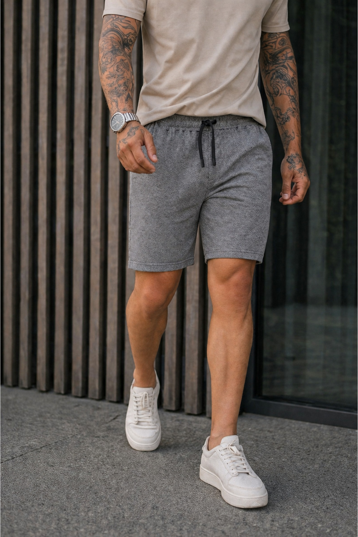 Erkek Regular Fit Cepli Beli Bağcıklı Gri Basic Şort 4