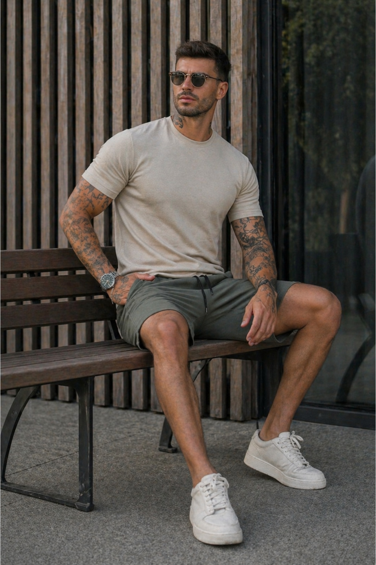 Erkek Regular Fit Cepli Beli Bağcıklı Haki Basic Şort 5