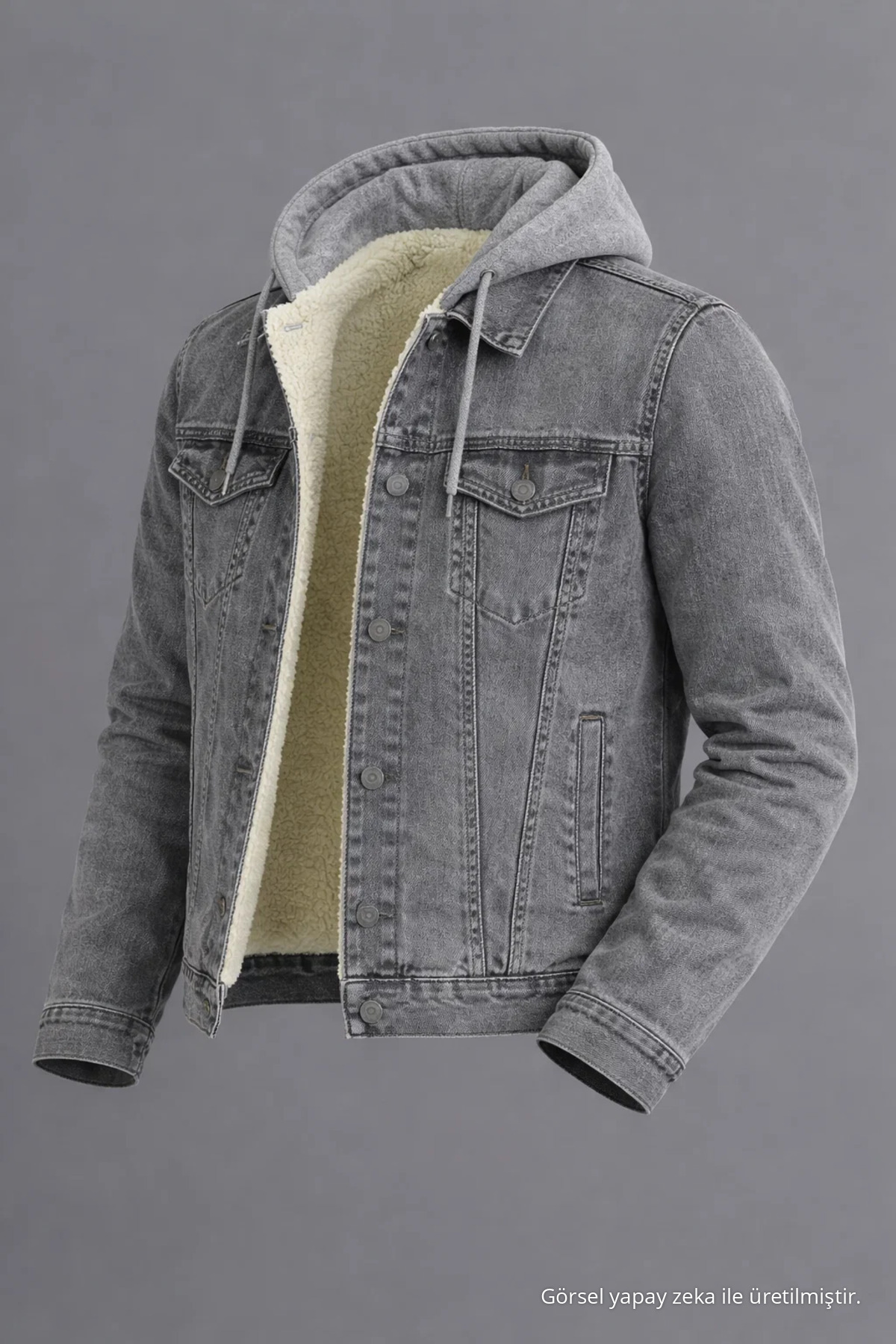 Erkek Kürklü Oversize Gri Kapşonlu Kot Mont 4