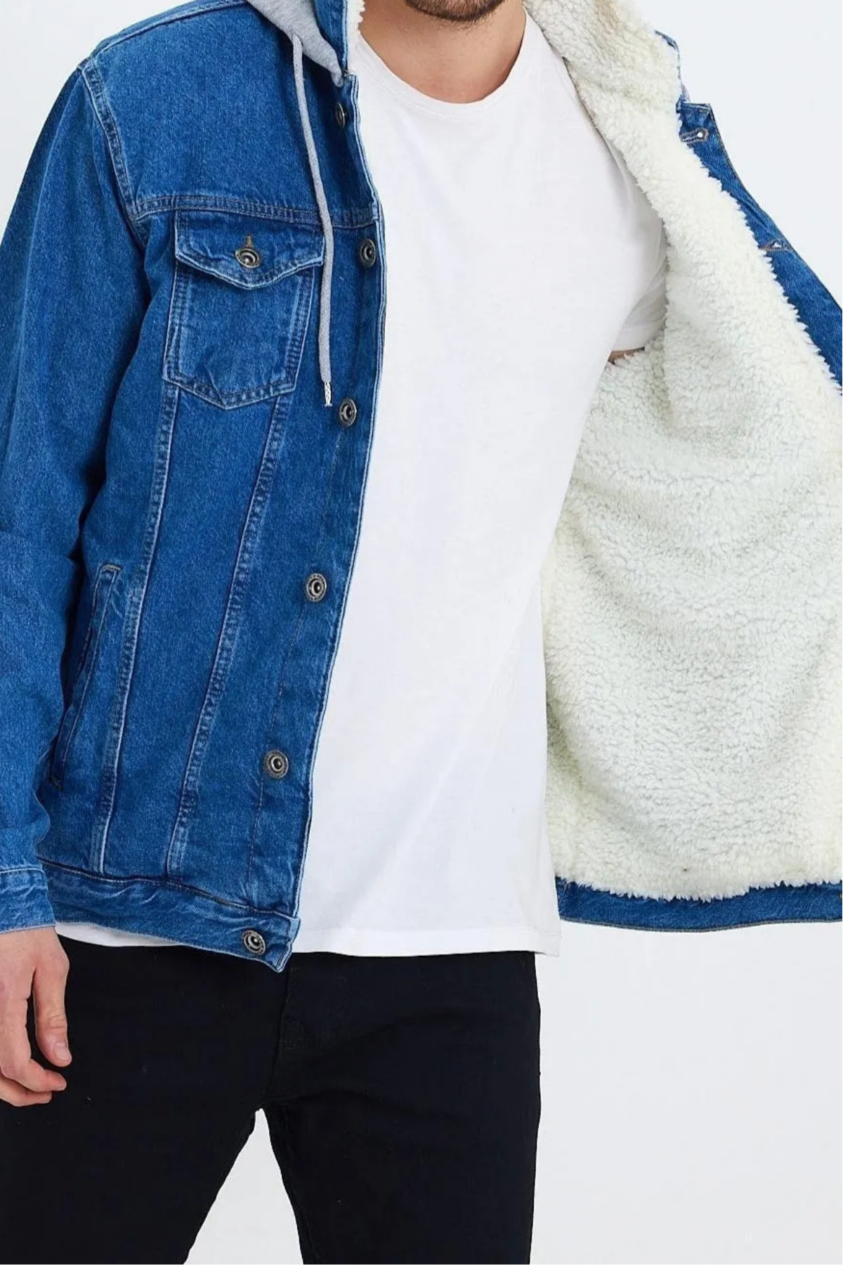 Erkek Kürklü Oversize Mavi Kapşonlu Kot Mont 3