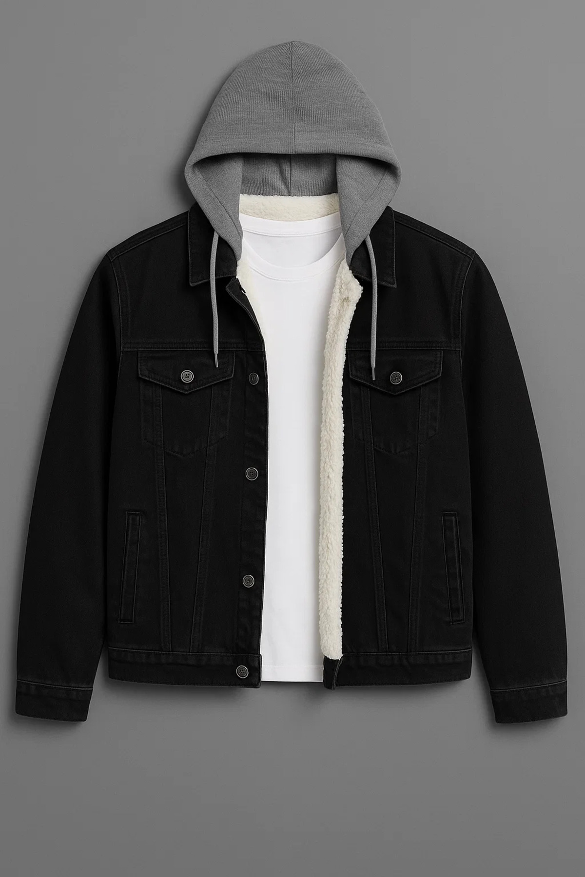 Erkek Kürklü Oversize Siyah Kapşonlu Kot Mont 6
