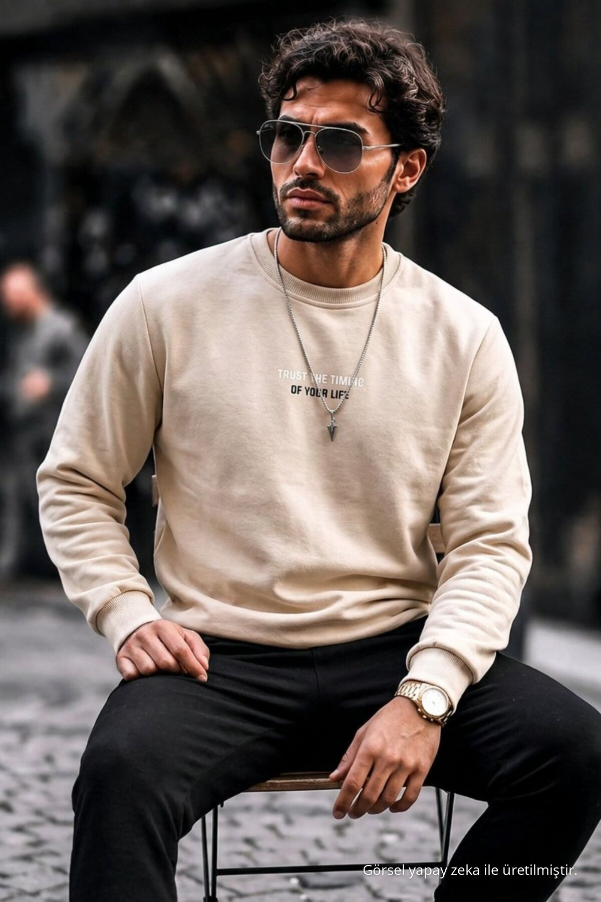 3 Adet Erkek Pamuklu Baskılı Regular Fit Sweatshirt Krem 7