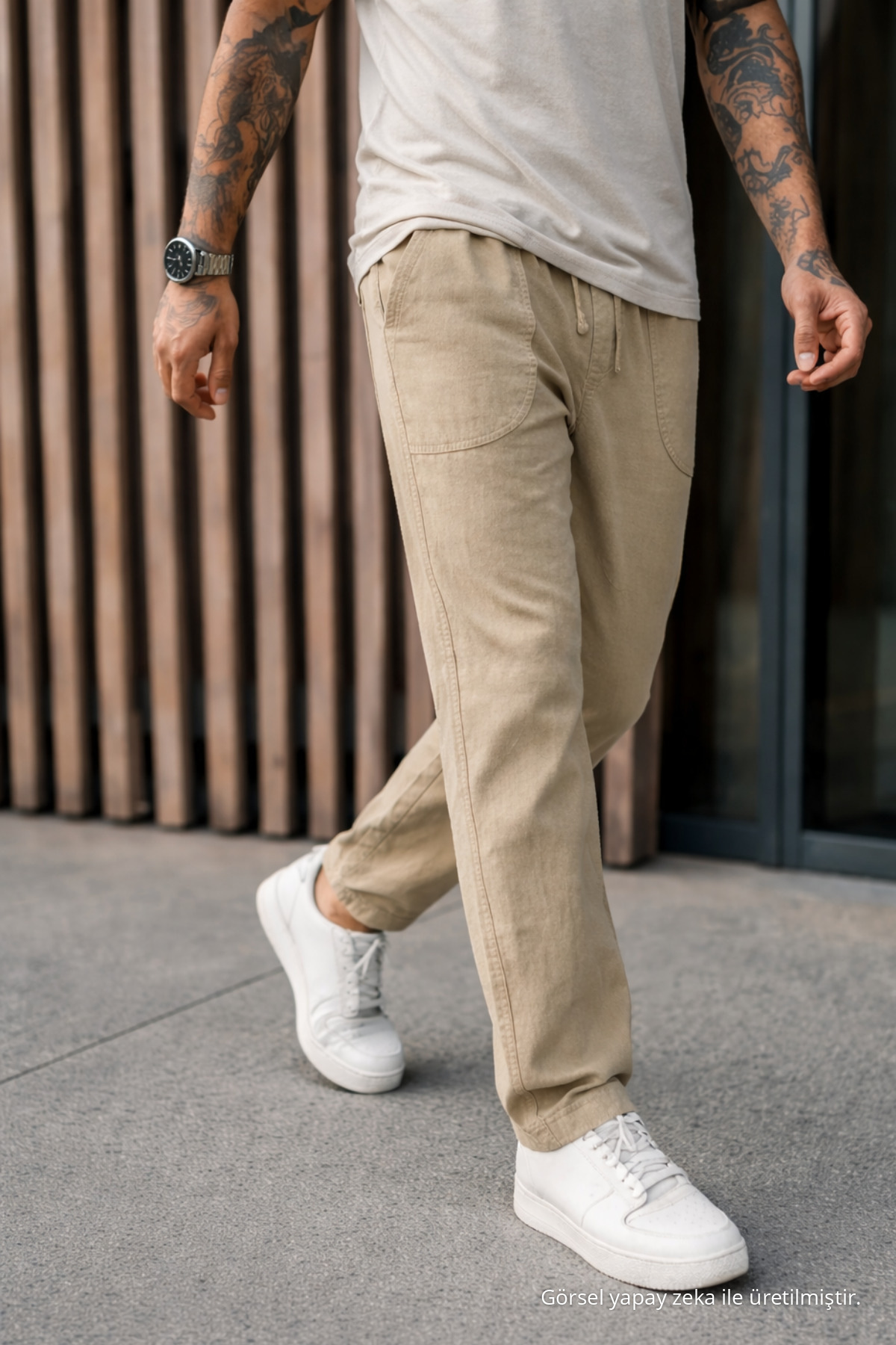 3 Adet Erkek Premium Yazlık Jogger Keten Pantolon Bej 5