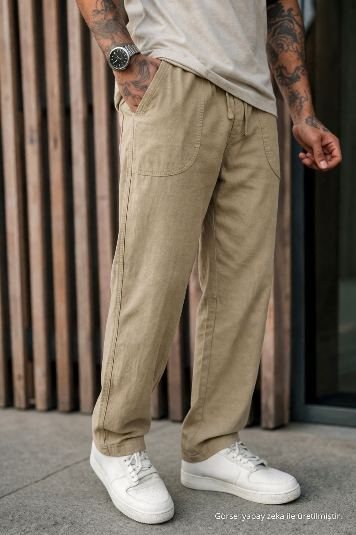 3 Adet Erkek Premium Yazlık Jogger Keten Pantolon Camel 3
