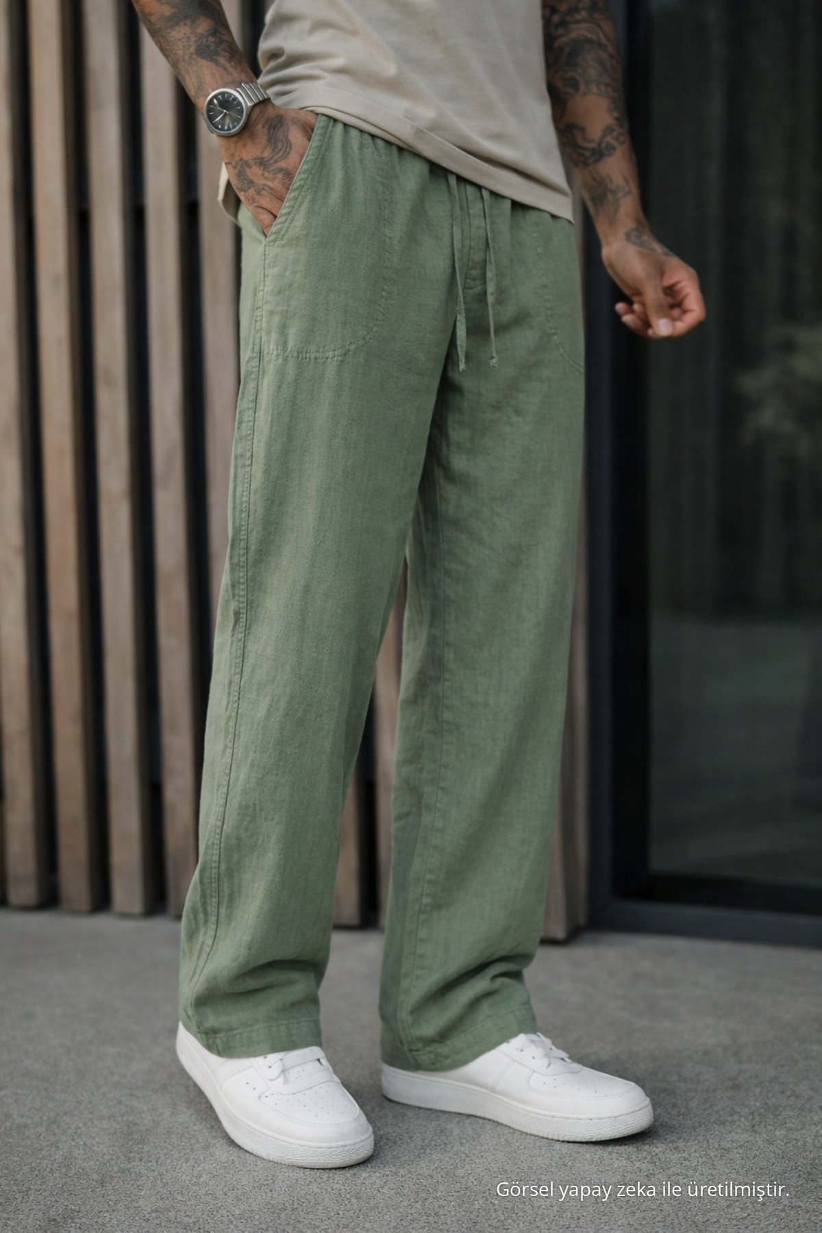 3 Adet Erkek Premium Yazlık Jogger Keten Pantolon Haki 3