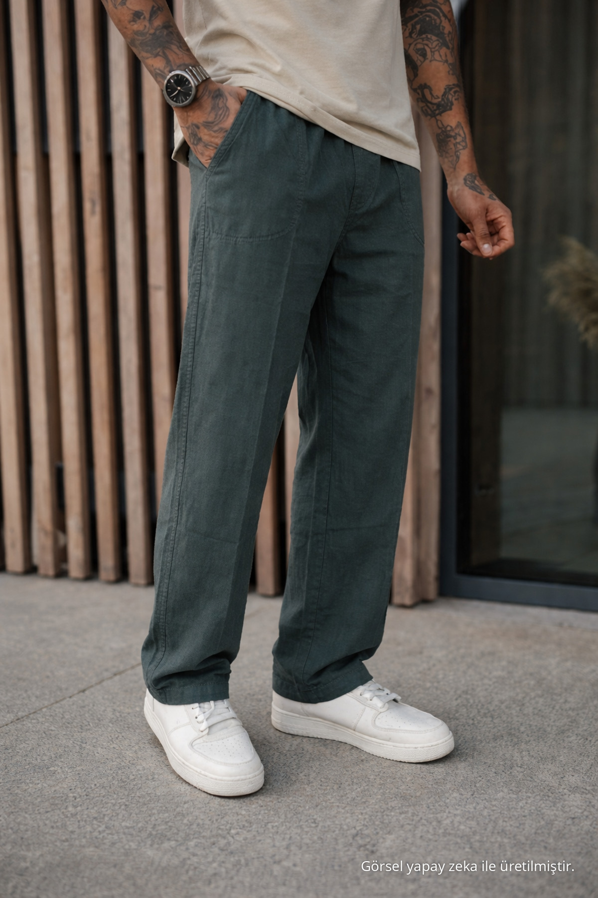 3 Adet Erkek Premium Yazlık Jogger Keten Pantolon Haki 4