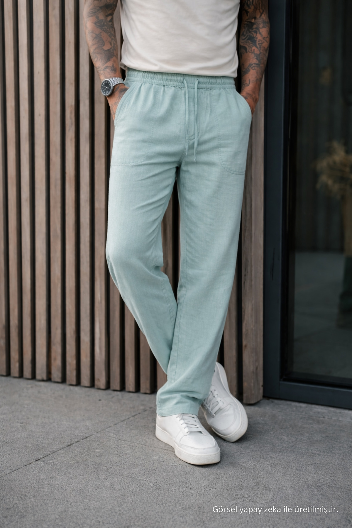 3 Adet Erkek Premium Yazlık Jogger Keten Pantolon Krem 6