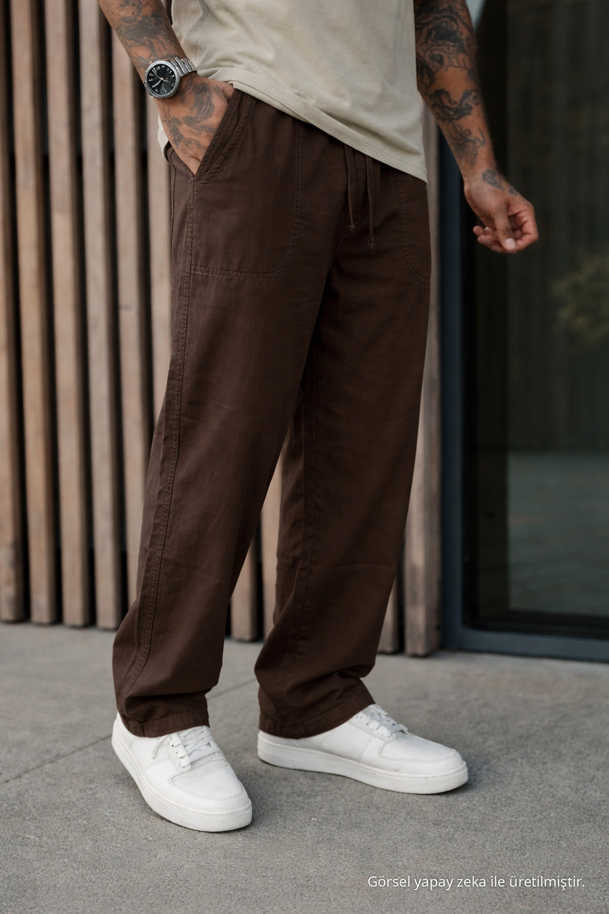 3 Adet Erkek Premium Yazlık Jogger Keten Pantolon Taş 4