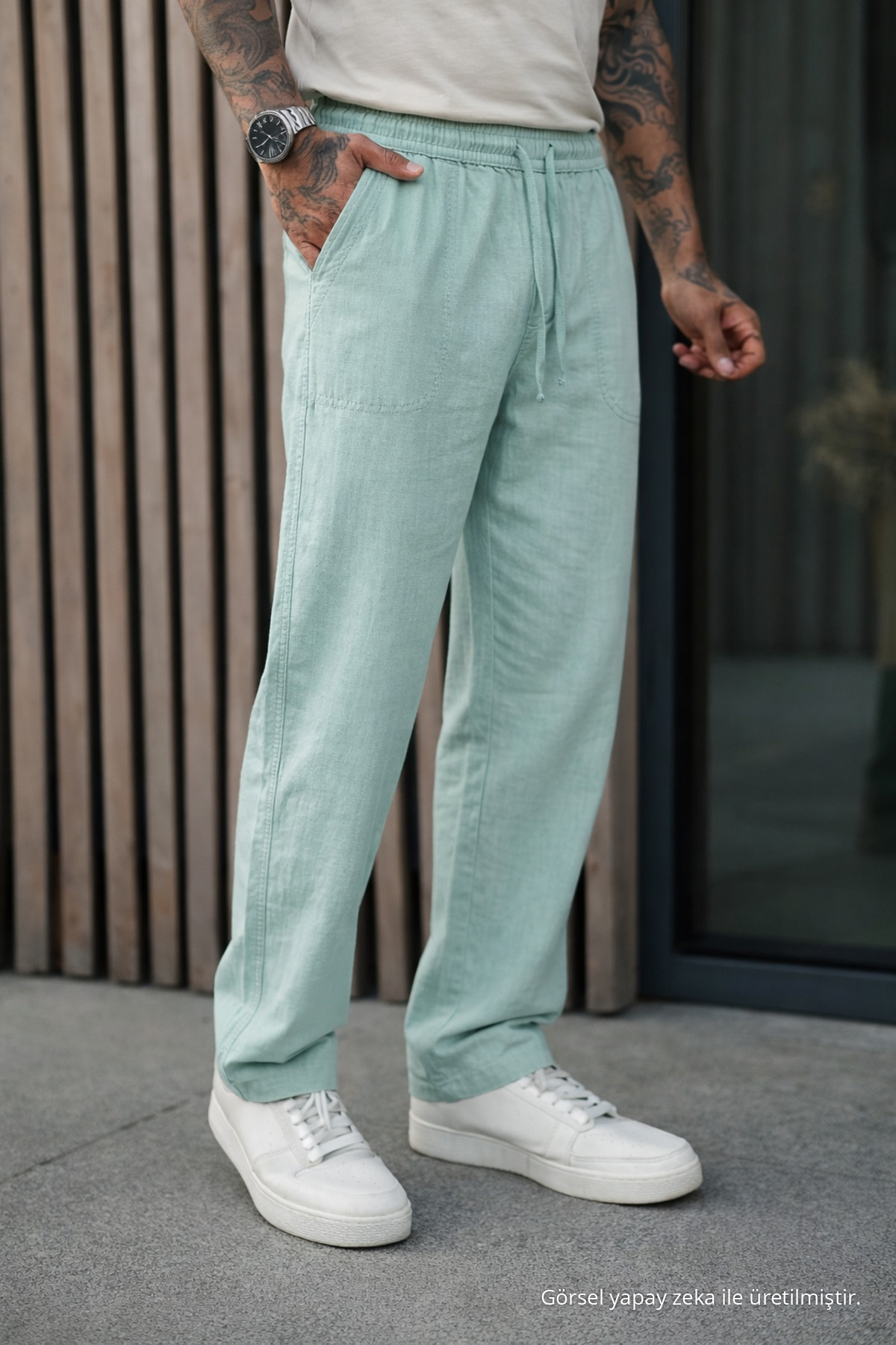 3 Adet Erkek Premium Yazlık Jogger Keten Pantolon Yeşil 4