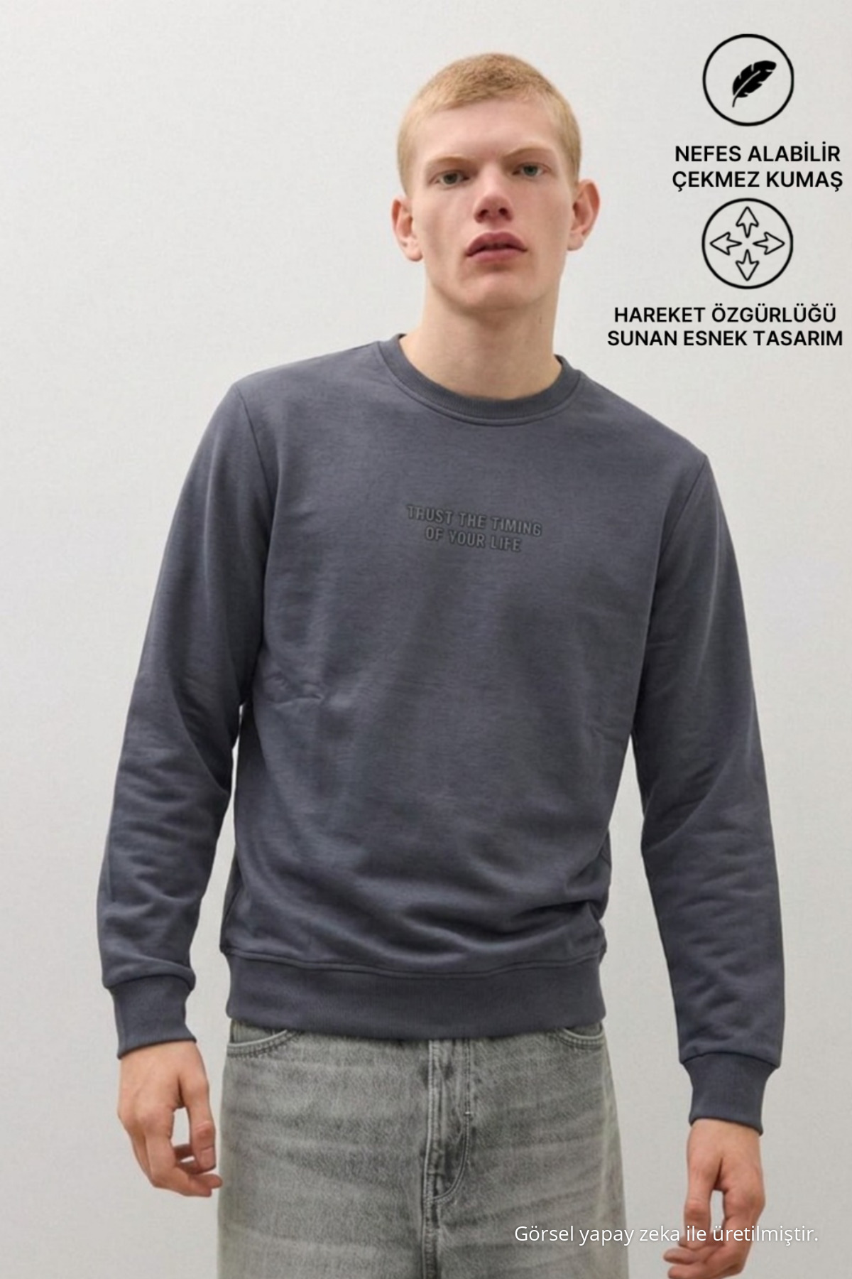 3 Adet Erkek Günlük Trend Bisiklet Yaka Baskılı Sweatshirt Beyaz 3