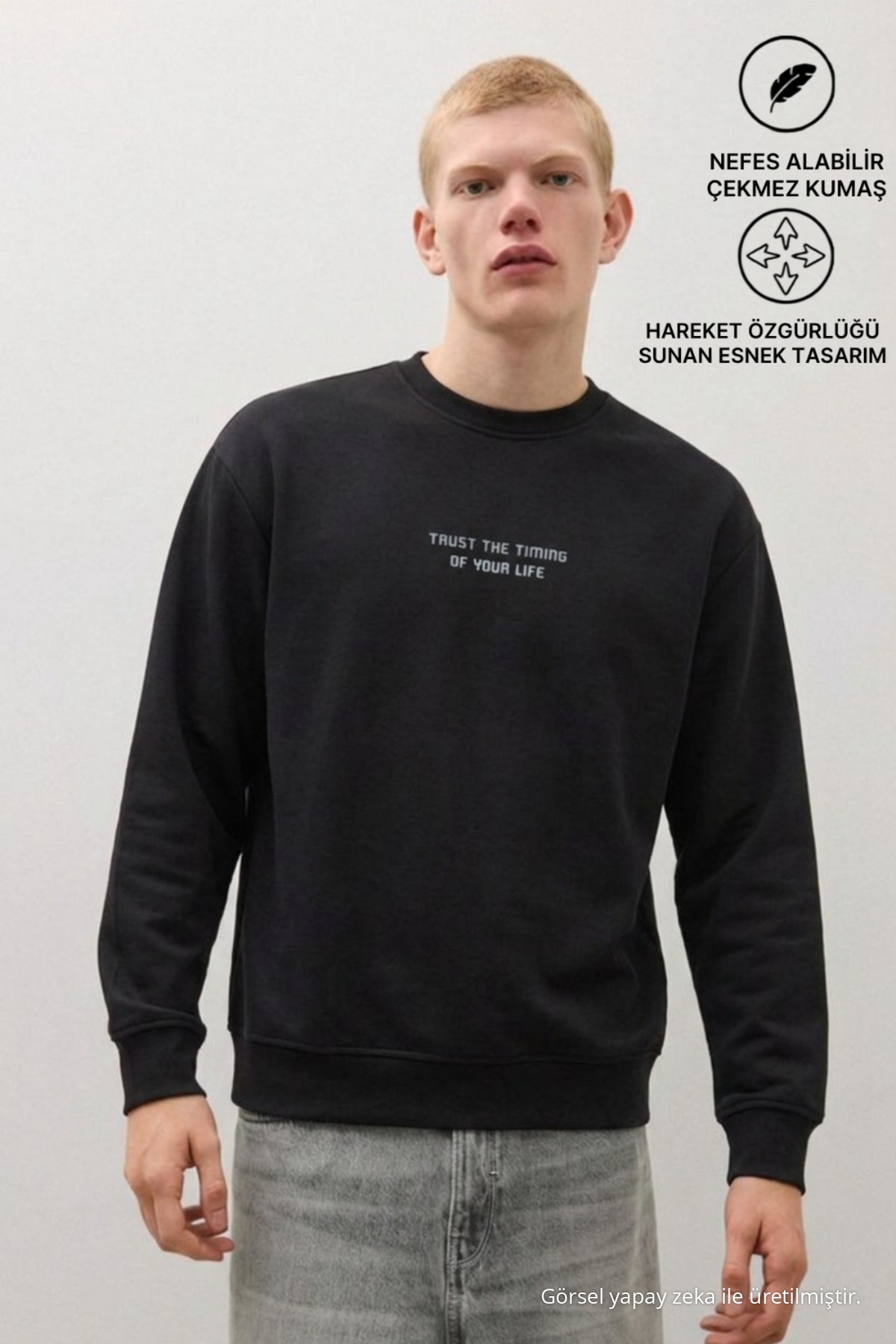 3 Adet Erkek Günlük Trend Bisiklet Yaka Baskılı Sweatshirt Gri 3