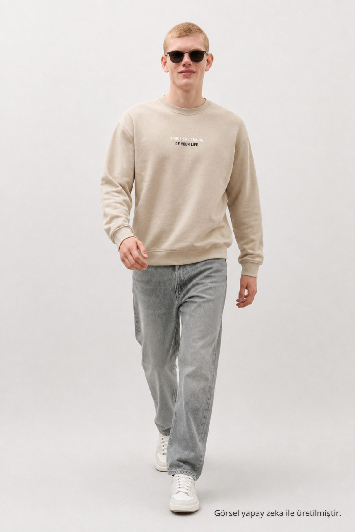 3 Adet Erkek Günlük Trend Bisiklet Yaka Baskılı Sweatshirt Haki 7