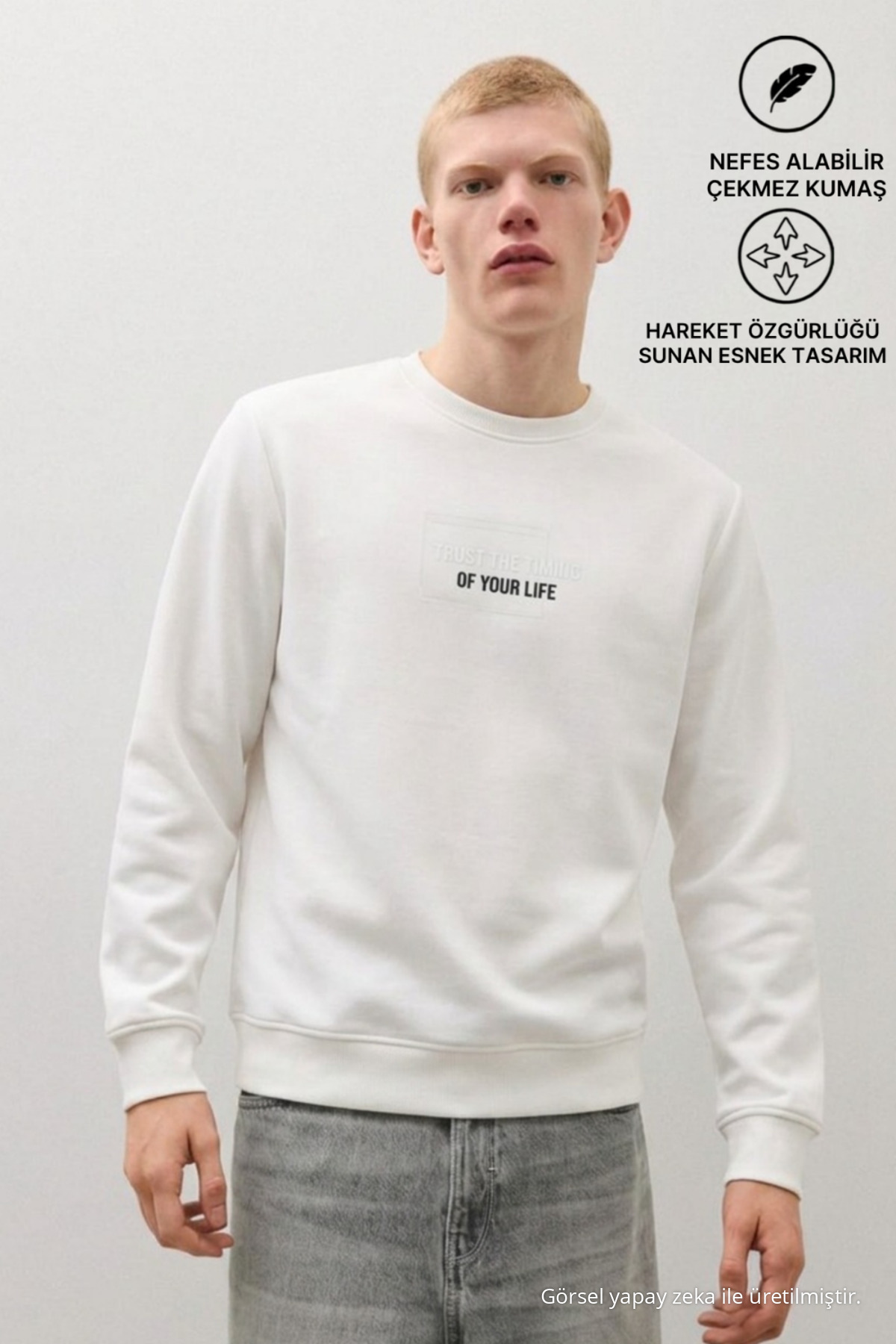 3 Adet Erkek Günlük Trend Bisiklet Yaka Baskılı Sweatshirt Haki 3