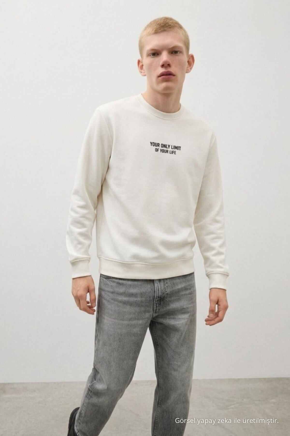 3 Adet Erkek Günlük Trend Bisiklet Yaka Baskılı Sweatshirt Krem 4