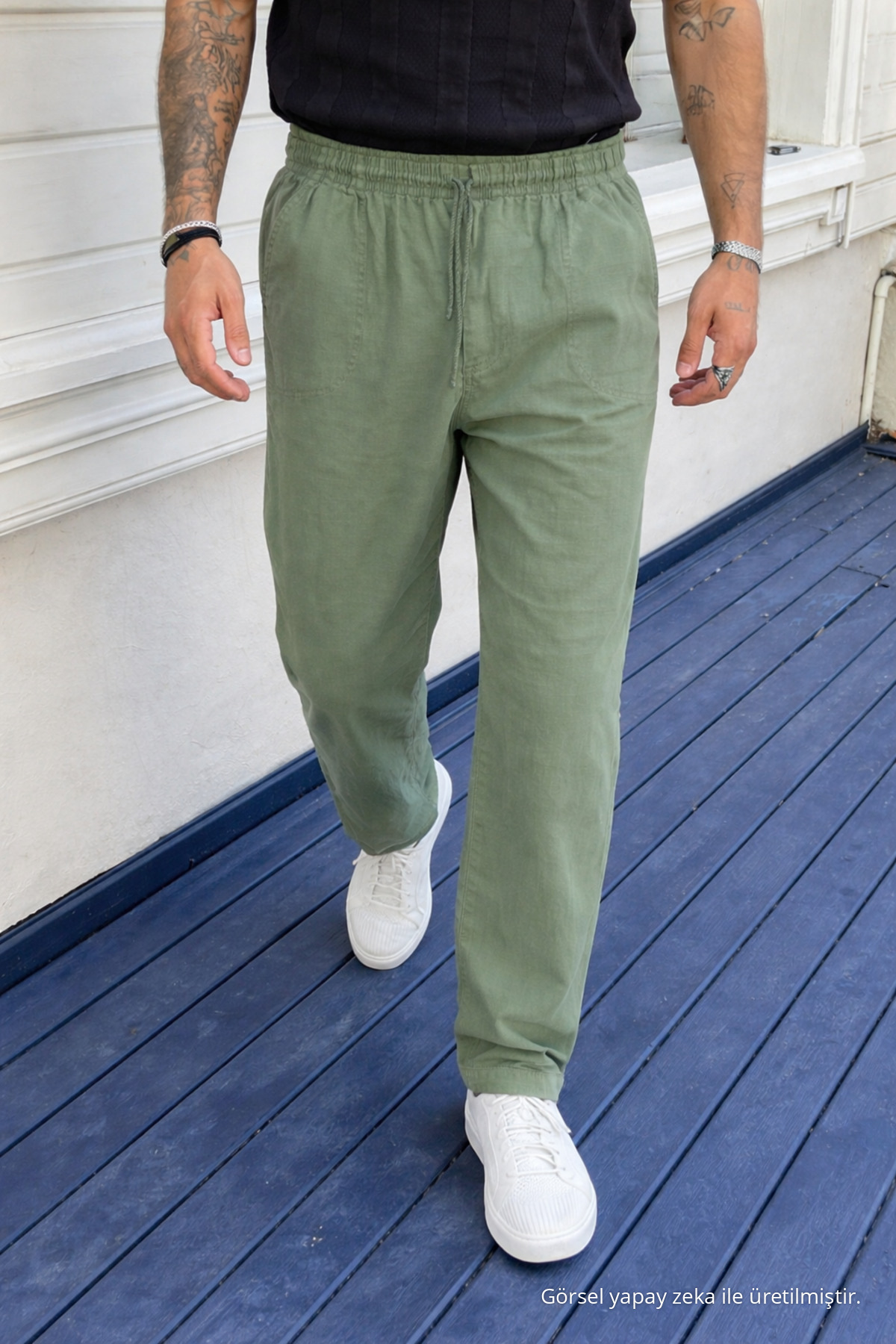 3 Adet Erkek Yüksek Bel Lastikli Yazlık Keten Pantolon Krem 5