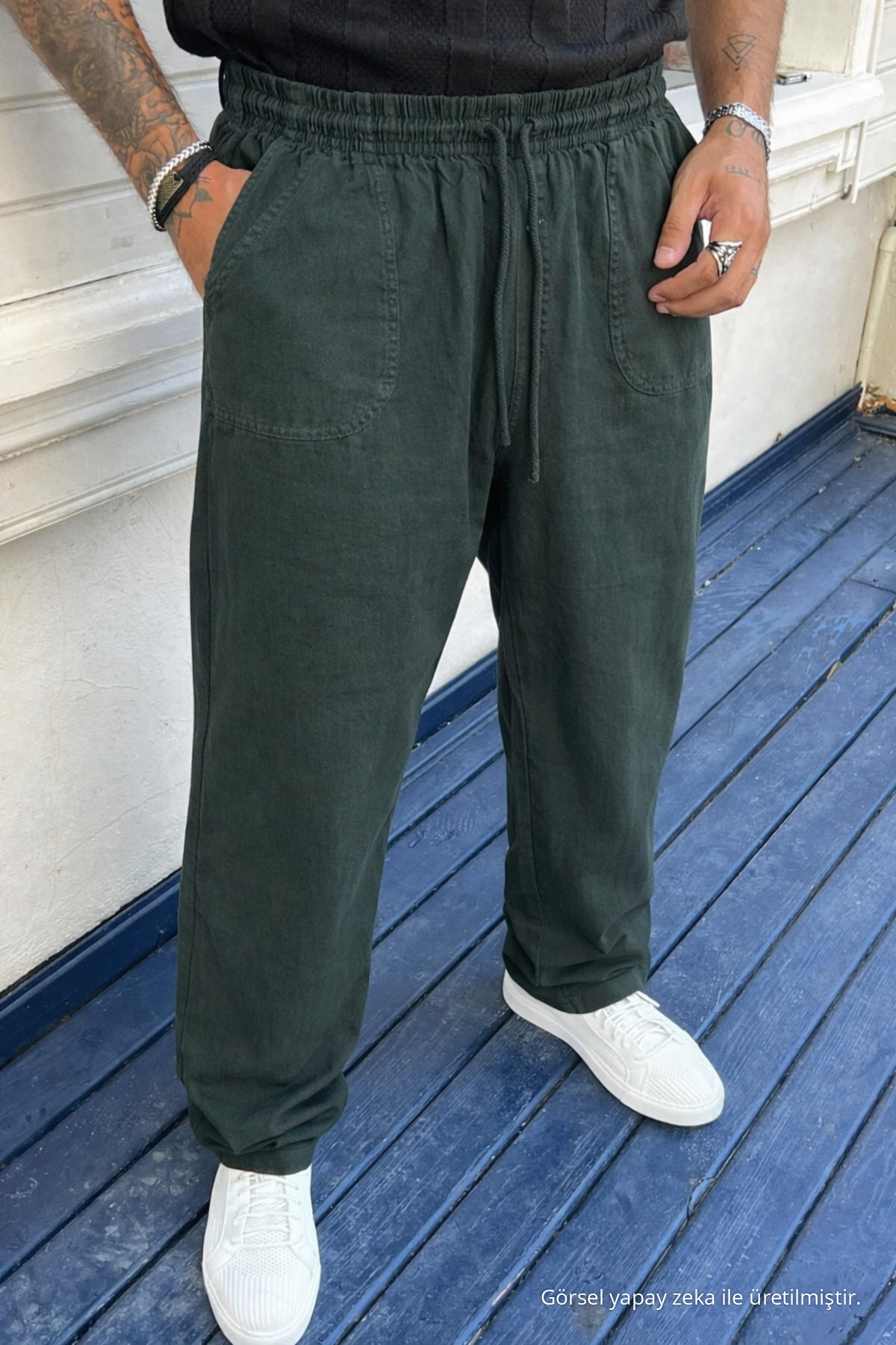 3 Adet Erkek Yüksek Bel Lastikli Yazlık Keten Pantolon Taba 4