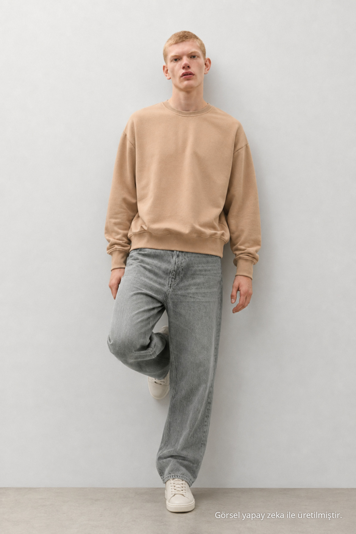 3 Adet Erkek Günlük Bisiklet Yaka Bol Sweatshirt Bej 6