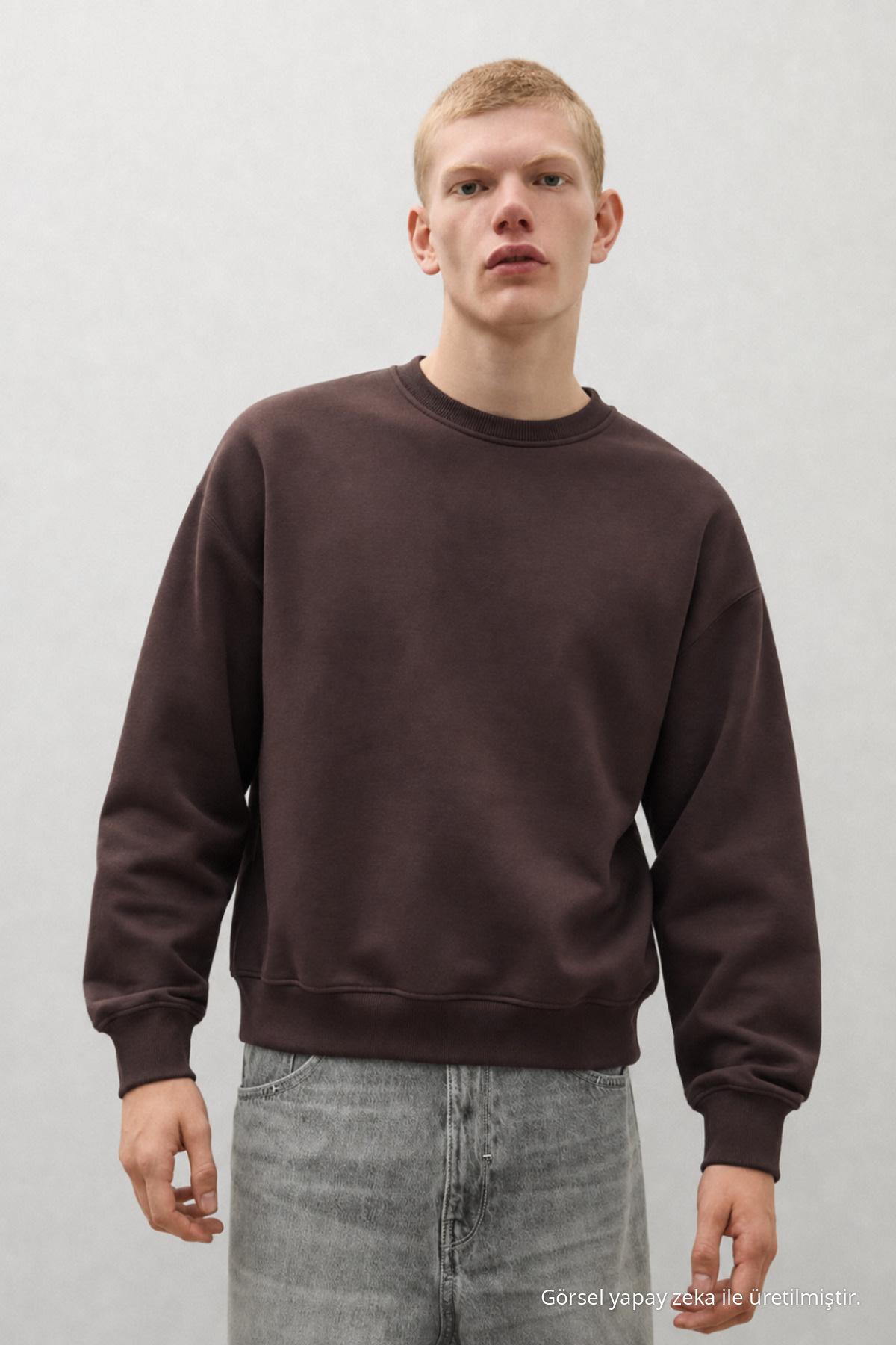 3 Adet Erkek Günlük Bisiklet Yaka Bol Sweatshirt Bej 4