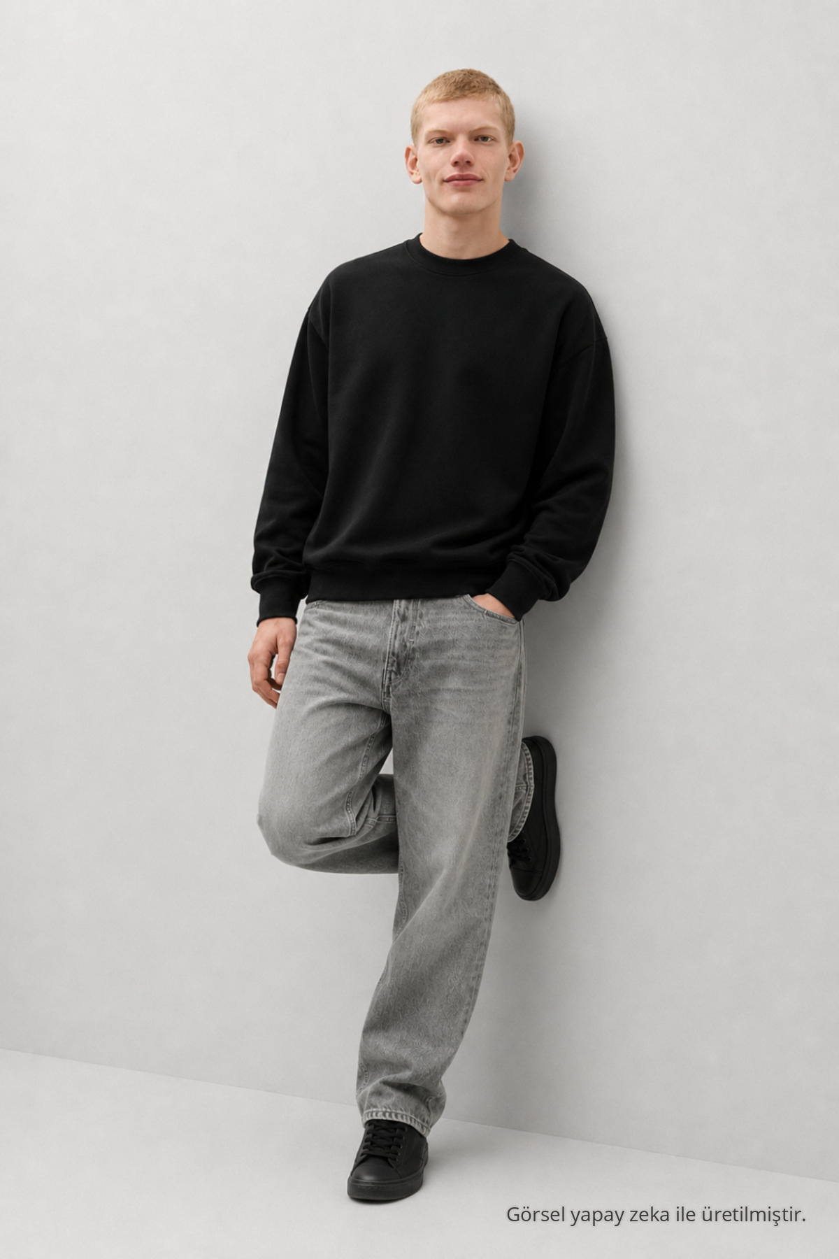 3 Adet Erkek Günlük Bisiklet Yaka Bol Sweatshirt Siyah 5