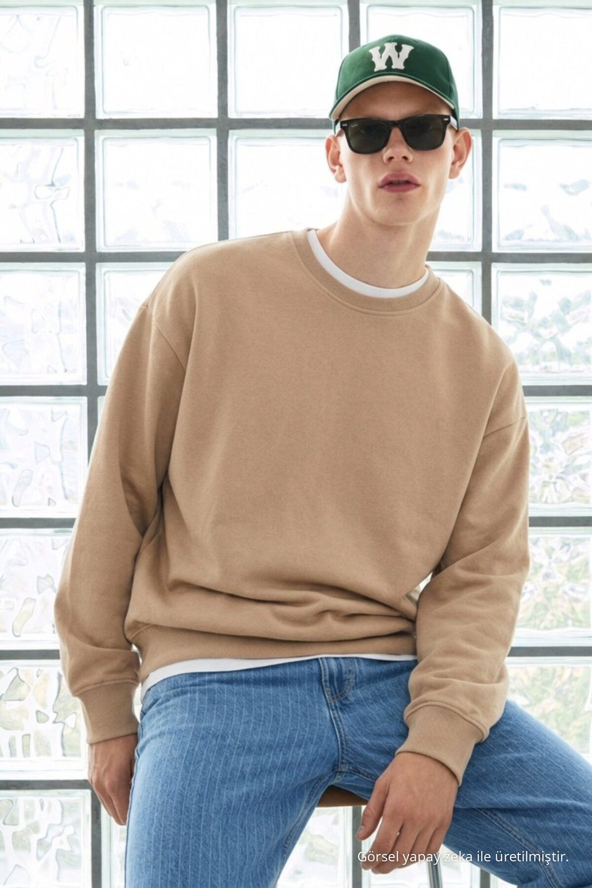 3 Adet Erkek Pamuklu Salaş Basic Kışlık Sweatshirt Haki 6