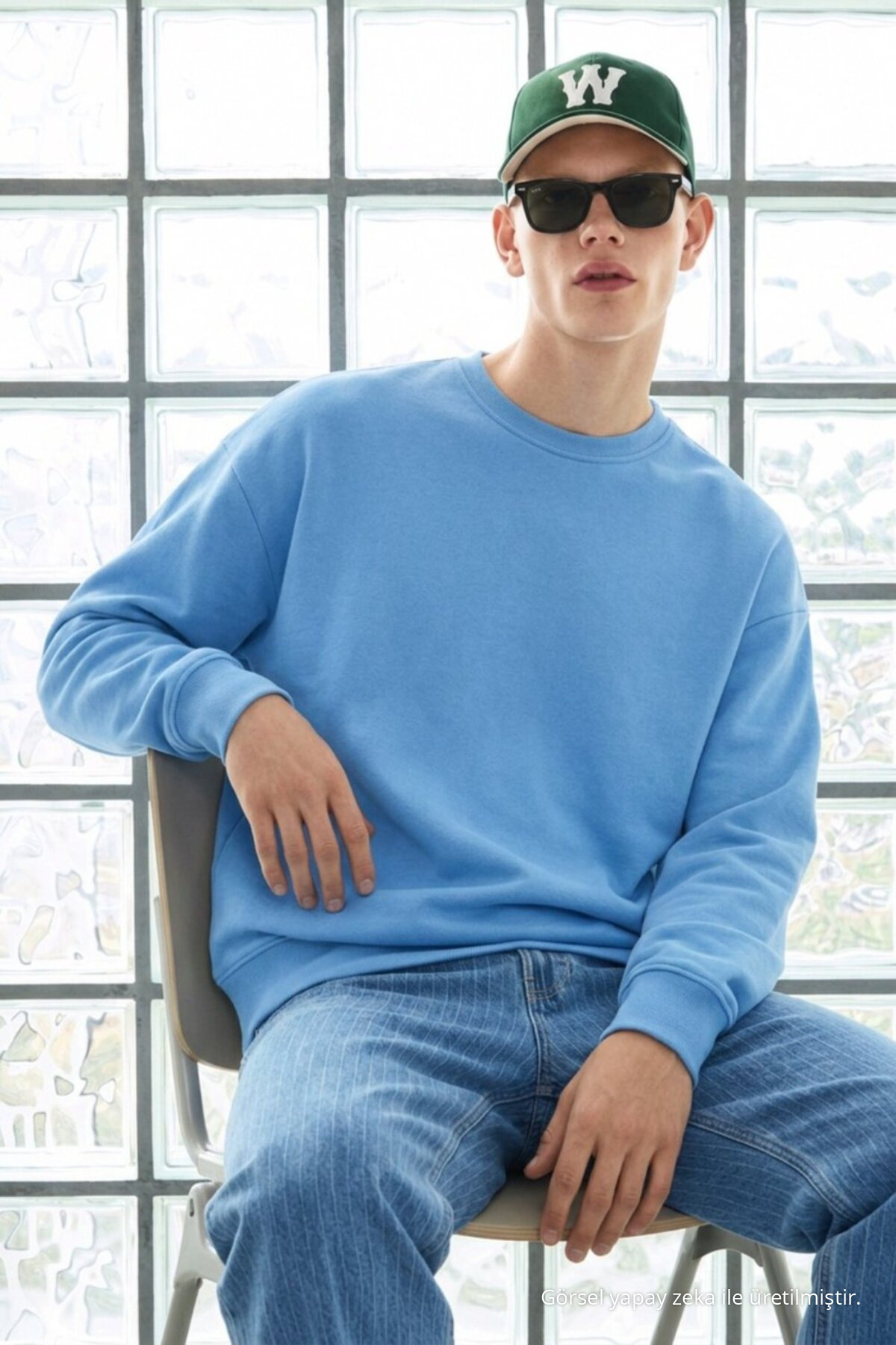 3 Adet Erkek Pamuklu Salaş Basic Kışlık Sweatshirt Mavi 6