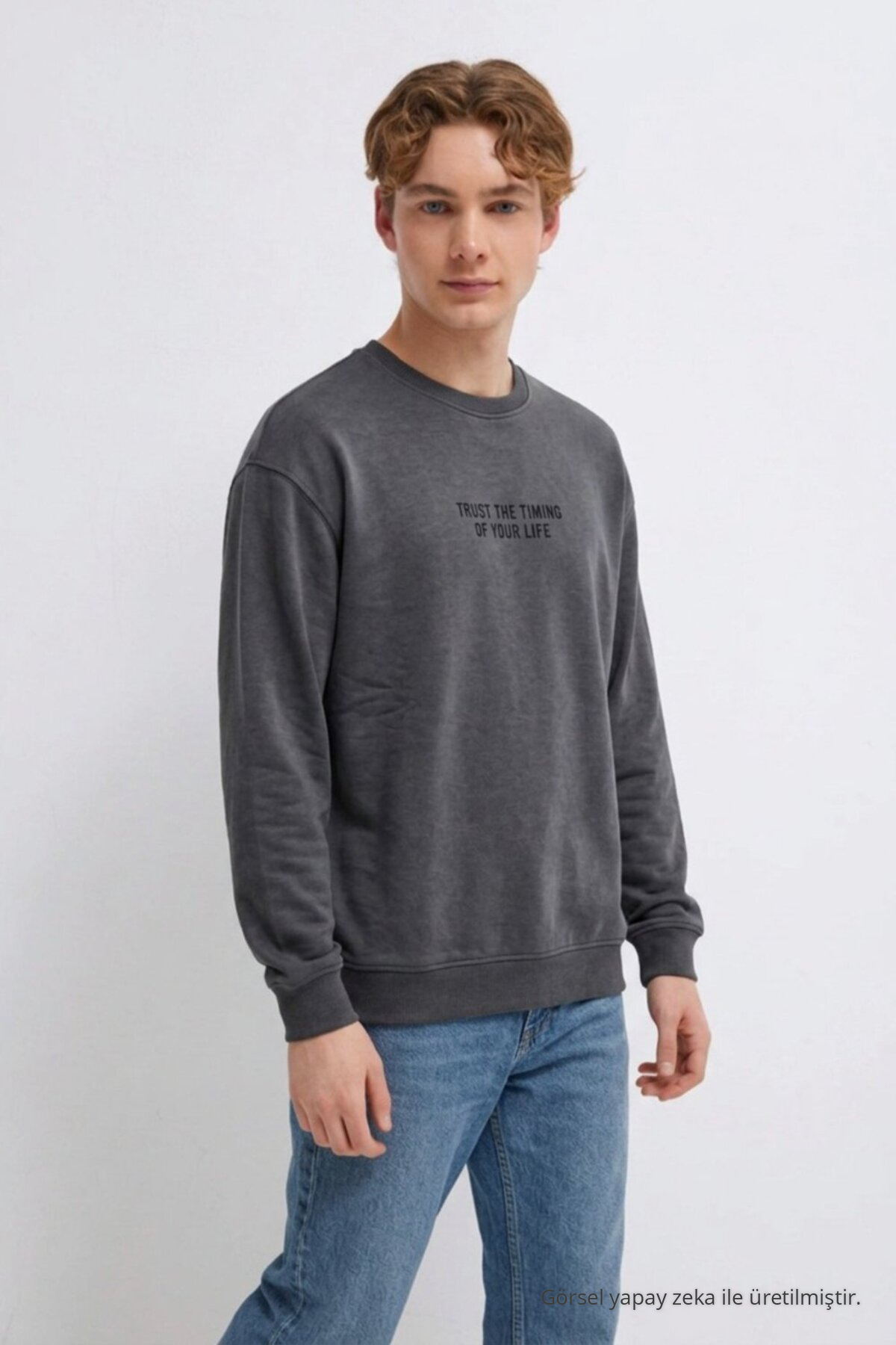 3 Adet Erkek Rahat Kalıp Premium Baskılı Sweatshirt Antrasit 6