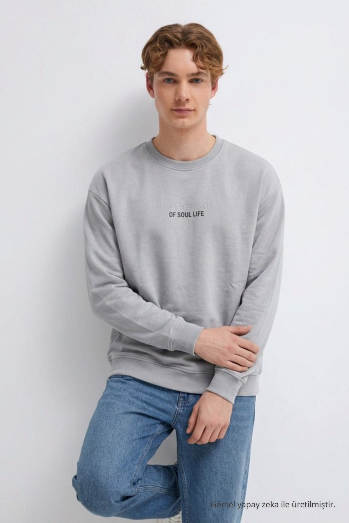3 Adet Erkek Rahat Kalıp Premium Baskılı Sweatshirt Beyaz 6
