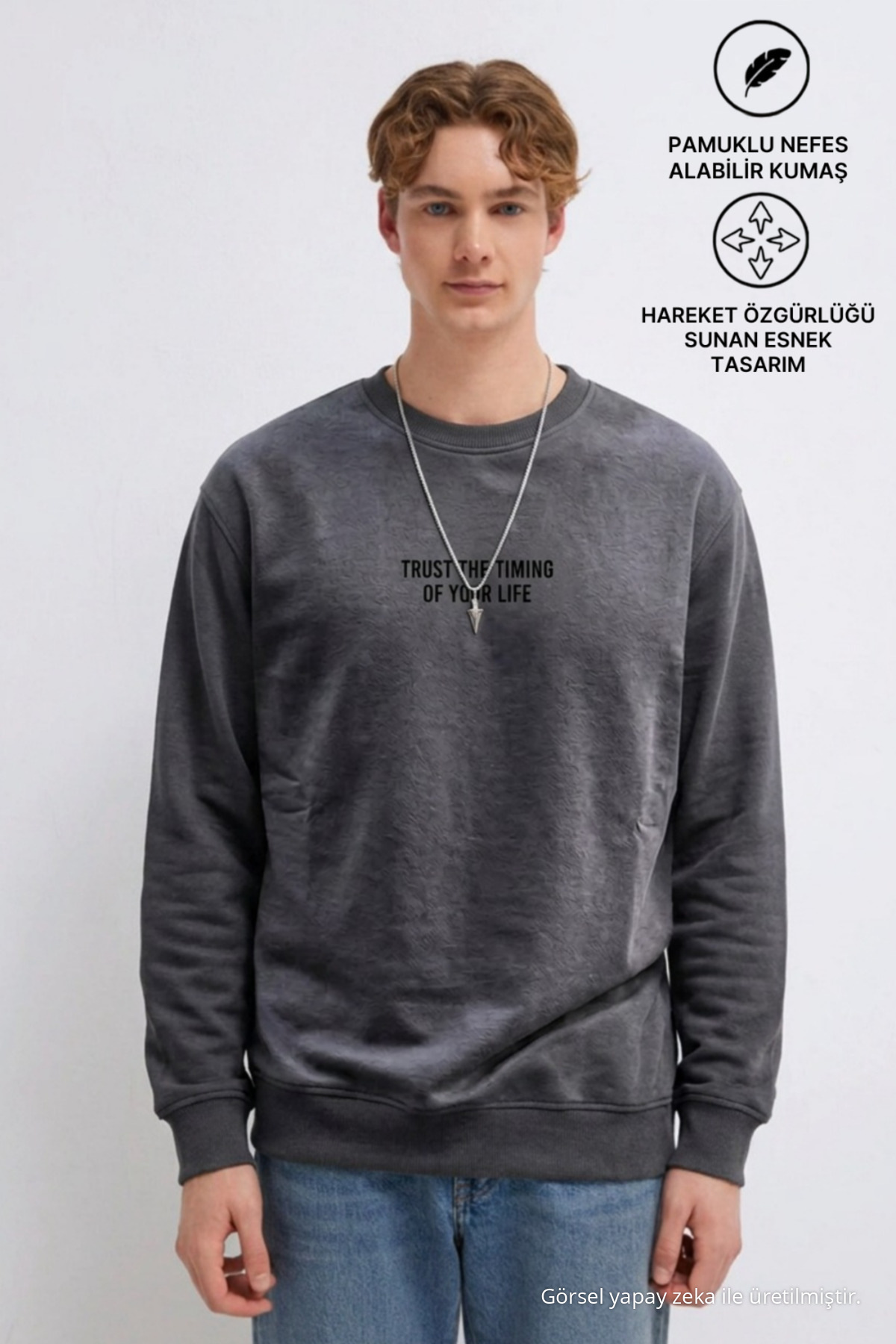 3 Adet Erkek Rahat Kalıp Premium Baskılı Sweatshirt Gri 4